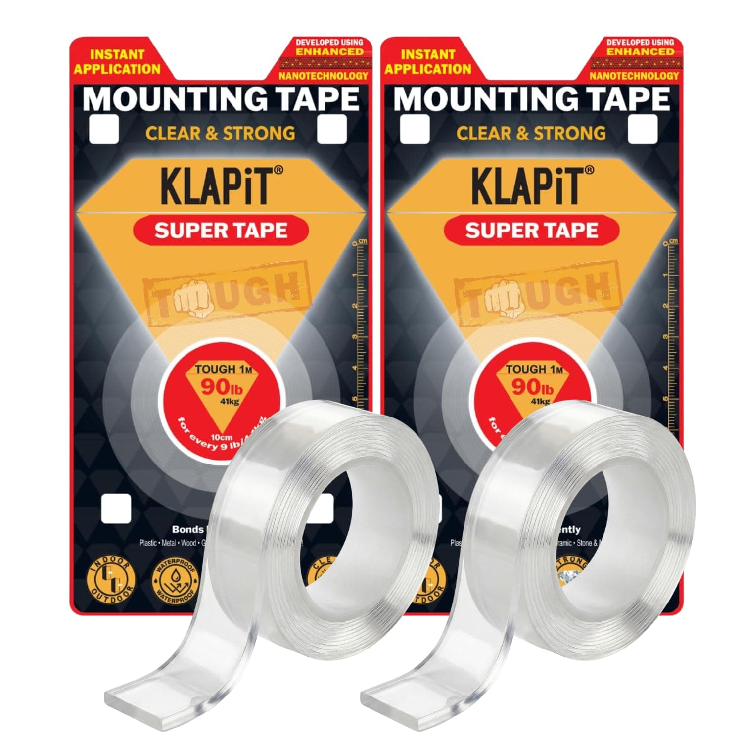 KLAPiT Super Tape 1 Meter Clear Double Sided Heavy Duty Adhesive, Enhanced Nano Technology Waterproof Mounting for Indoor/Outdoor, Rough Surface, Holds 41 KG/90 lbs Tiles, Wood, Glass, Wall, Stone