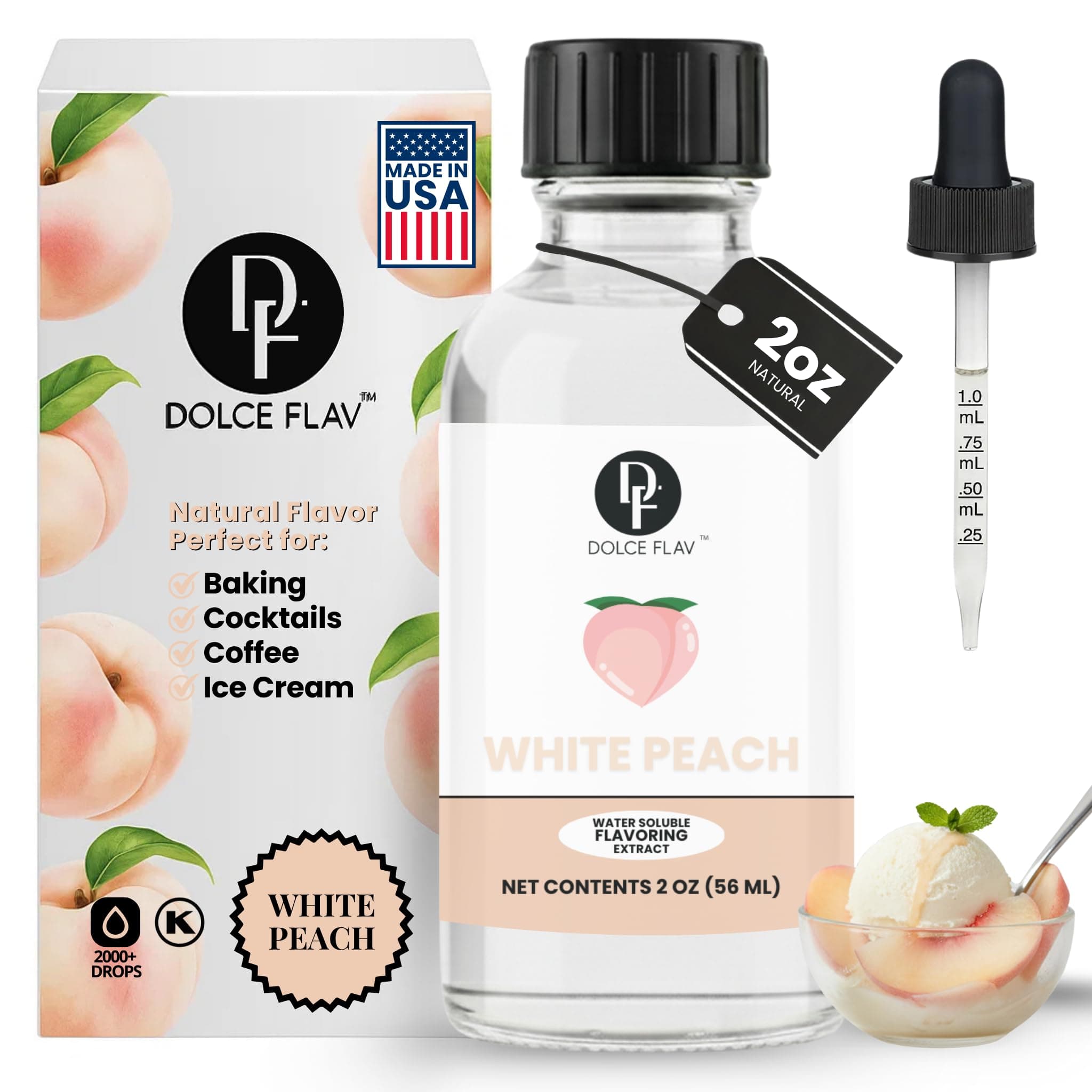 Dolce Flav Natural White Peach Extract 2 oz – Kosher, Sugar-Free, Concentrated Sweet White Peach Flavoring for Beverages, Desserts & Baking, Includes Measured Dropper