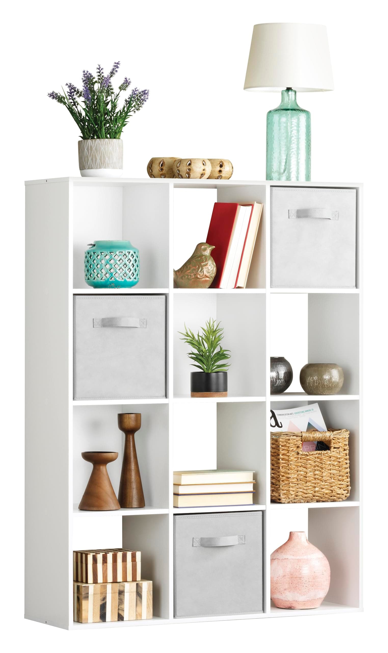 12 Cube Storage Organizer, 4 Tier Stackable Mdf Wood Bookcase, Open Storage Display Bookshelf, Storage Cabinet for Living Room, Bedroom, Home, Office, 35.1"L x 11.6"W x 47.5"H, White