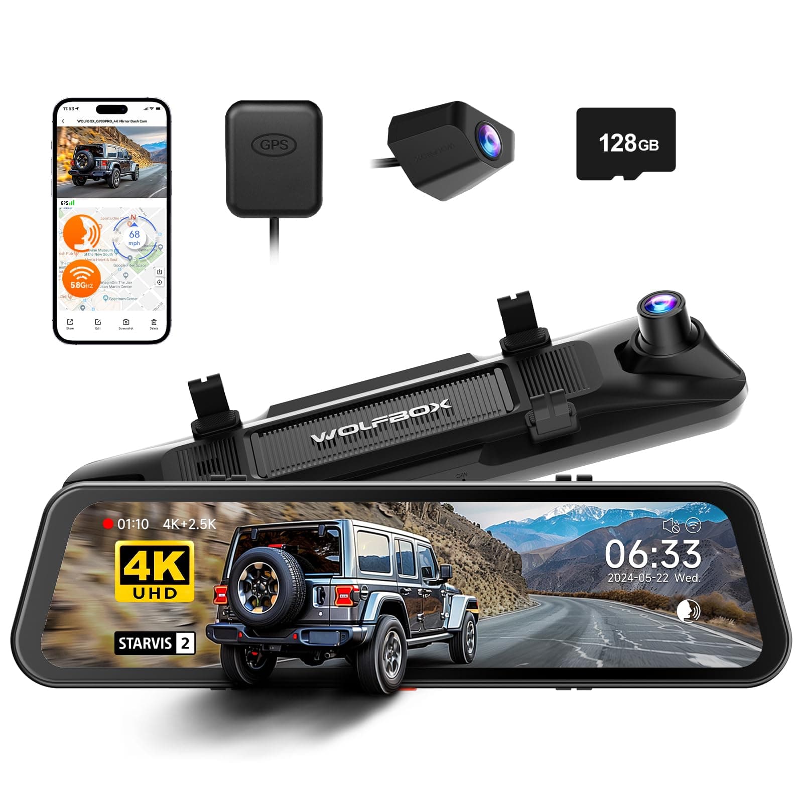 G900 PRO Mirror Dash Cam with STARVIS 2 IMX678, 12 inches Rear View Mirror Camera with Front 4K and Rear 2.5K, Included 128GB Card, Voice Control, 5.8GHz WiFi, Loop Recording, G-Sensor & GPS