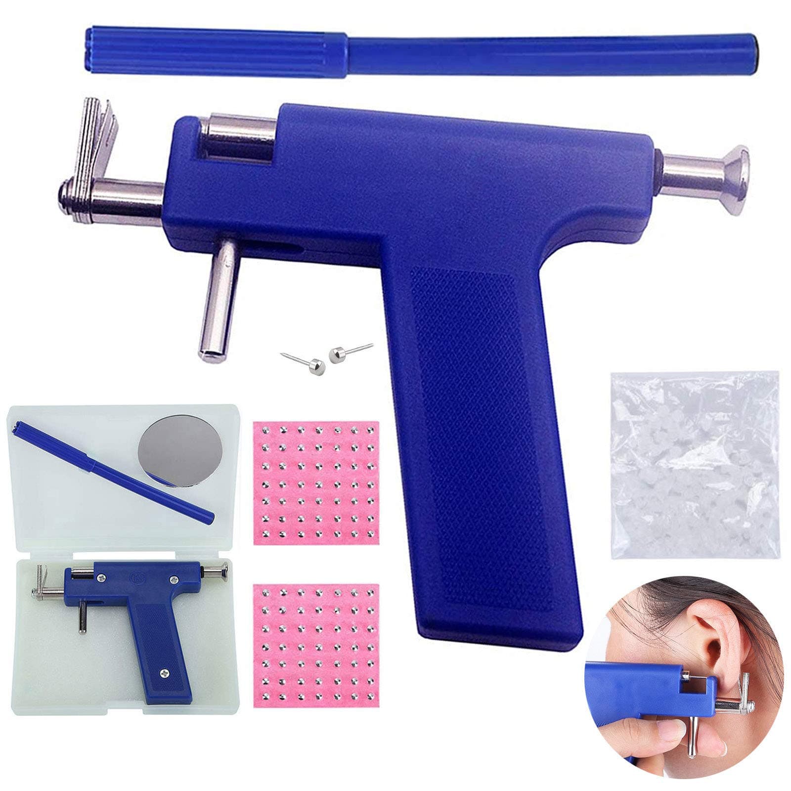 Rudenkoo Ear Piercing Tool Kit, 98Pcs Ears Nose Navel Lip Piercer Machine Studs, Stainless Steel Body Hole Piercing Guns Stud Earrings