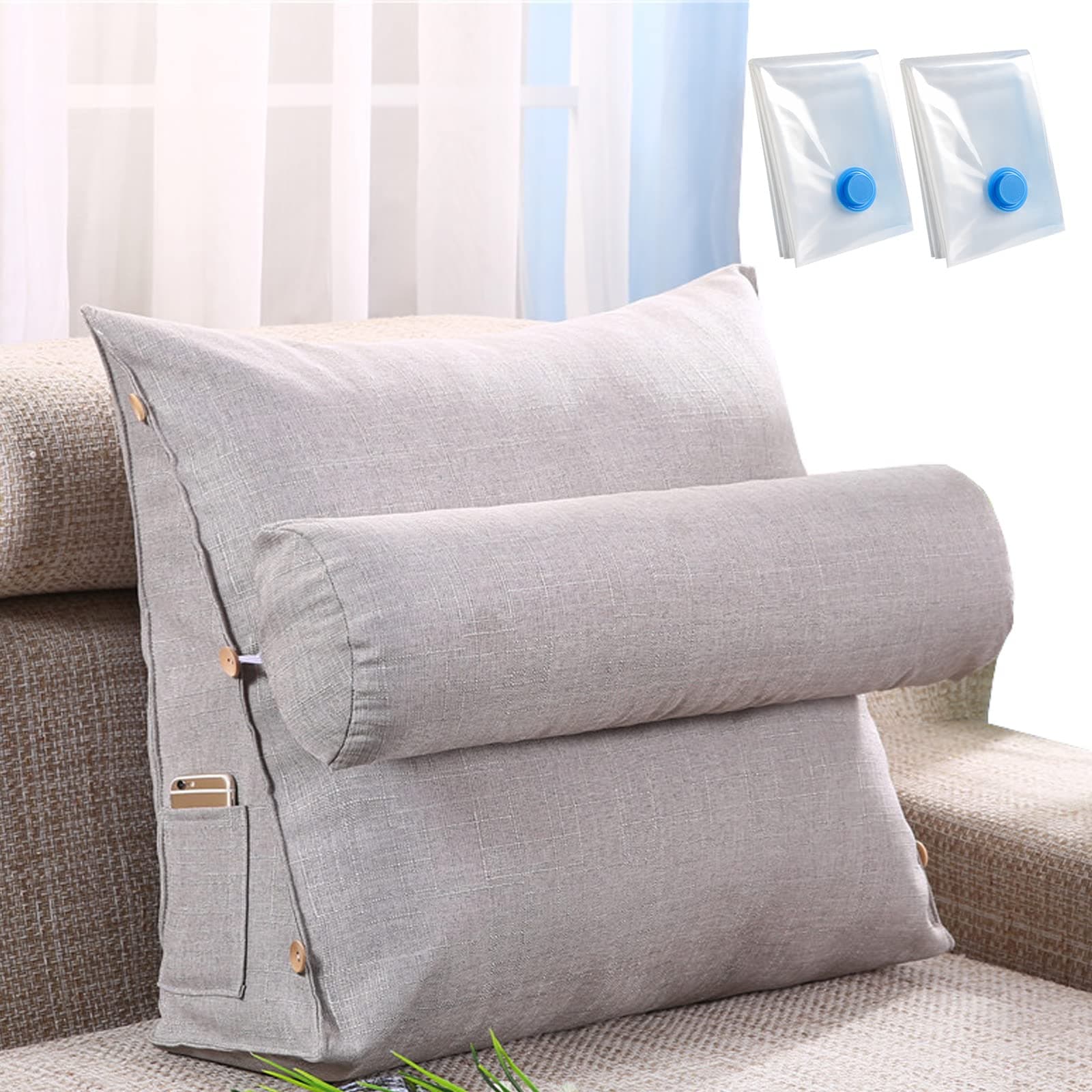 IS MUHE Bed Rest Reading Pillow with Adjustable Neck Roll,Wedge Shaped Back Support and Cushion,Large Backrest Wedge-Shaped Triangle Pillow,Reading, Gaming, Watching.(Grey)