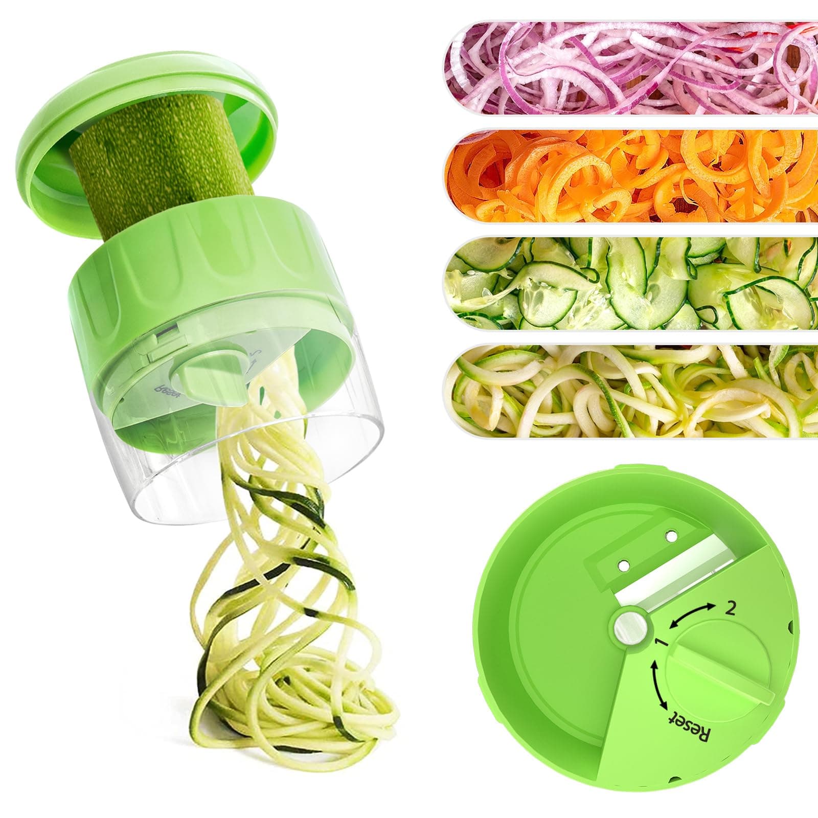 Handheld Low-Carb Spiralizer，3-in-1 Veggie Noodle Maker for Zucchini, Carrots & More, Compact Design for Small Kitchens, Rust-Resistant Stainless Steel Blades(Green)