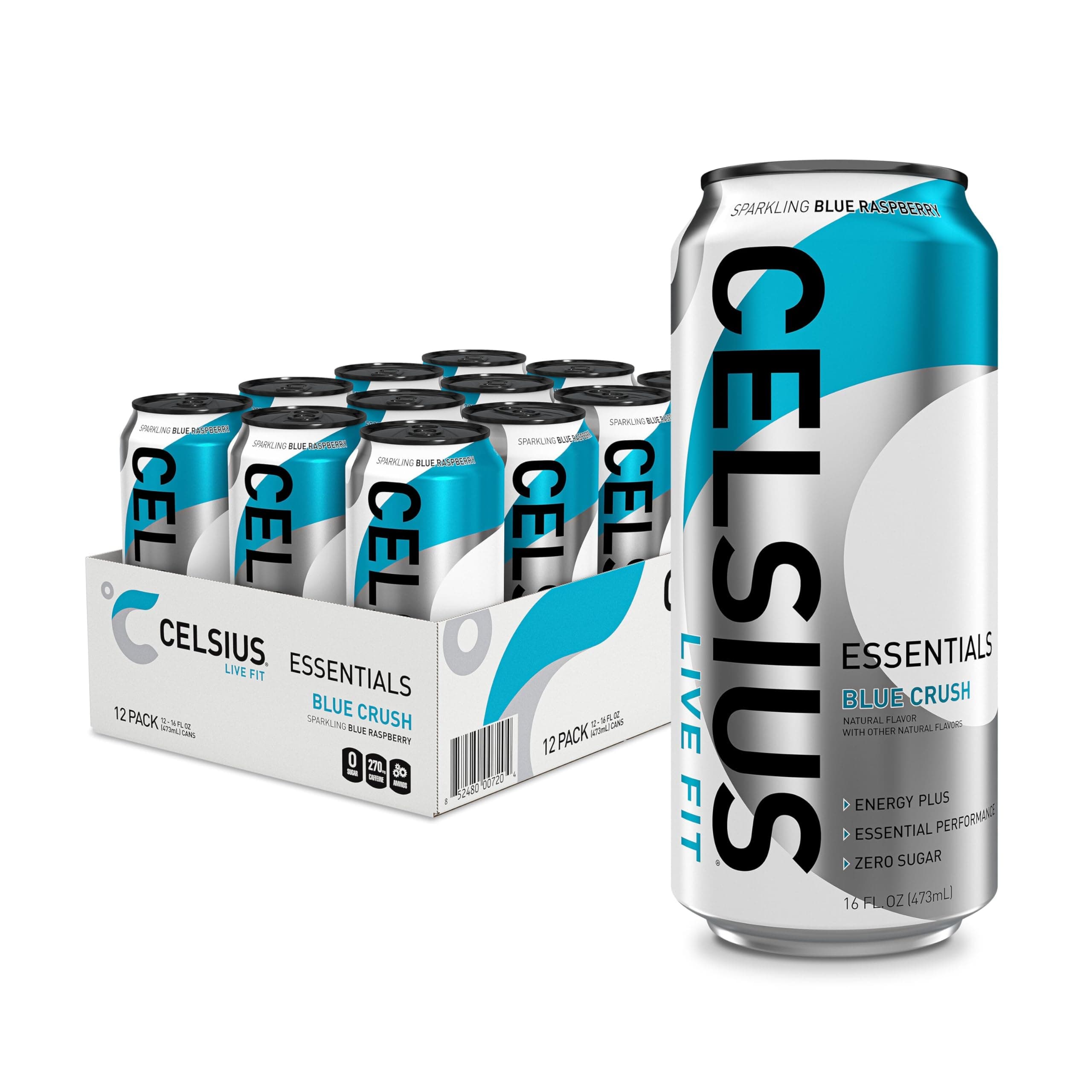 ESSENTIALS, Sparkling Blue Crush, Performance Energy Drink 16 Fl Oz (Pack of 12)