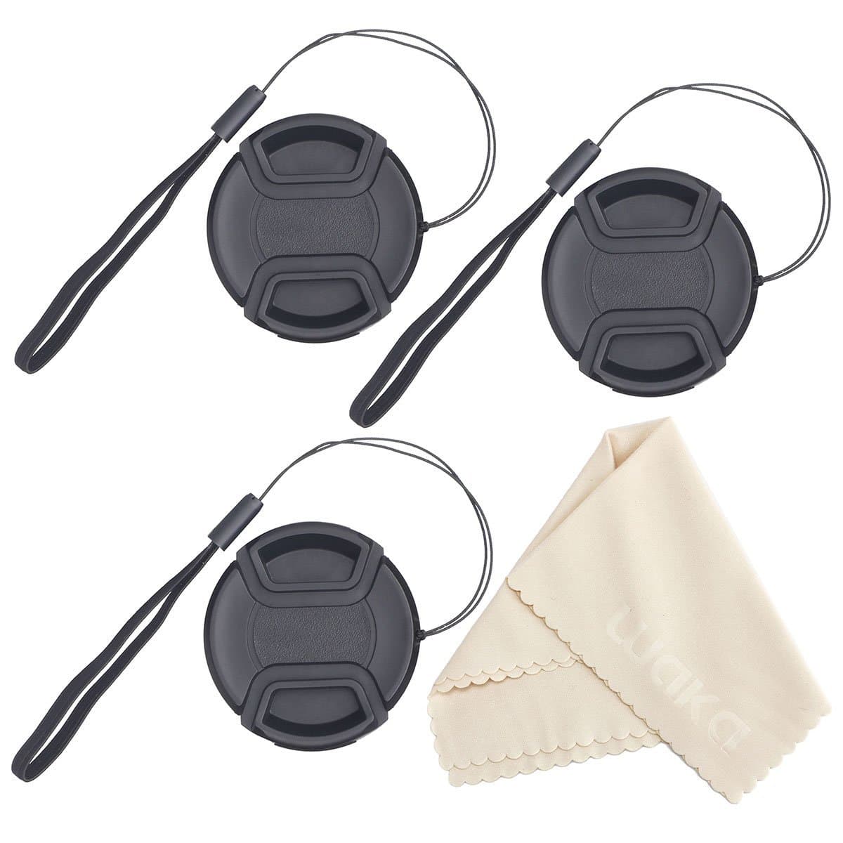 UNIQUE DESIGN Lens Cap Bundle, 3 Pcs 55mm Center Pinch Lens Cap and Cap Keeper Leash for Canon Nikon Sony DSLR Camera + Microfiber Cleaning Cloth
