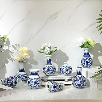 Dandat 8 Pcs Mini Chinoiserie Bud Vases Ceramic Blue and White Floral Chinese Porcelain Vase Set for Shelf Table Centerpieces Home Decor(Elegant)