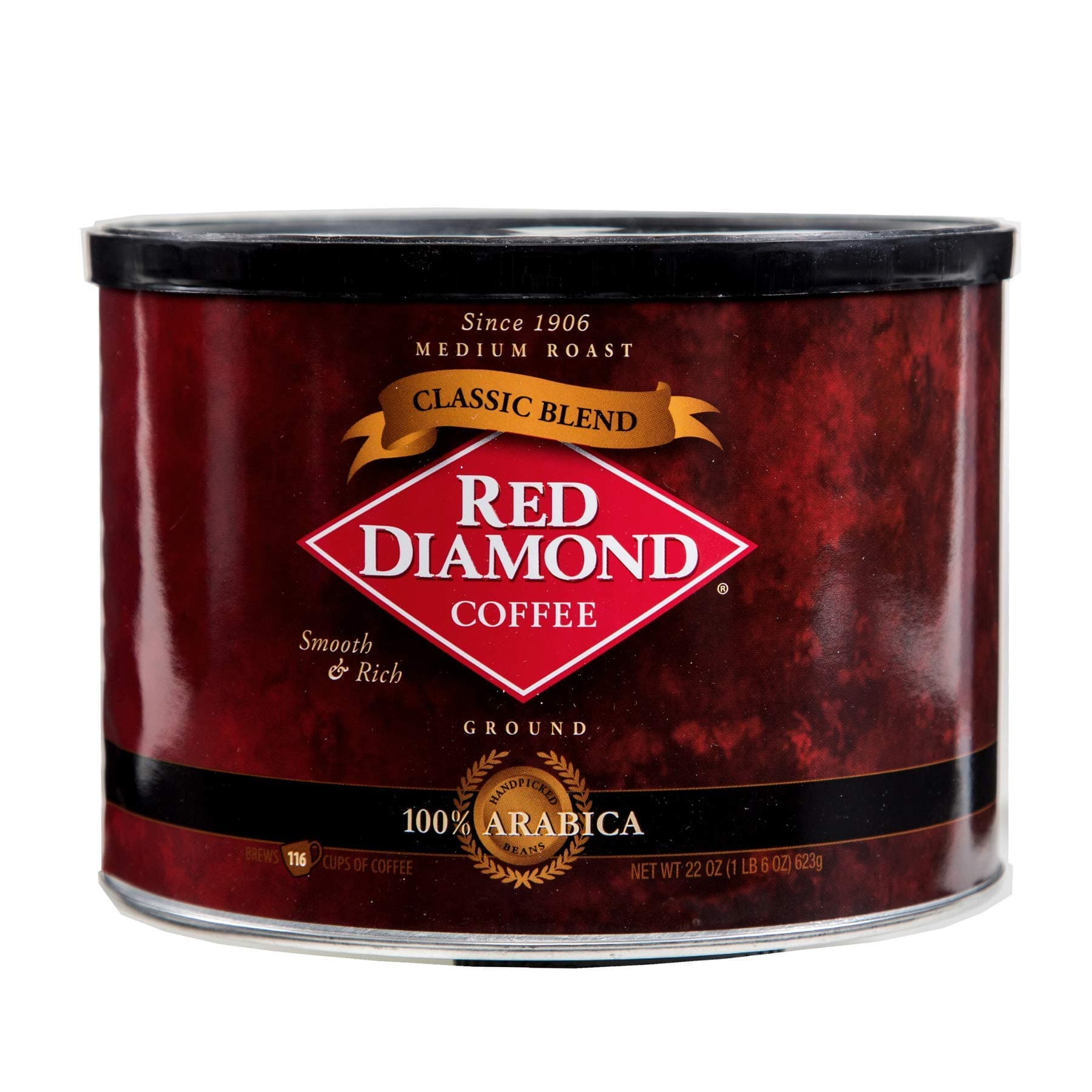 Red Diamond Ground Coffee, Classic Blend, Medium Roast, Premium Arabica Beans, Smooth & Rich Flavor, 22 Ounce Resealable Can