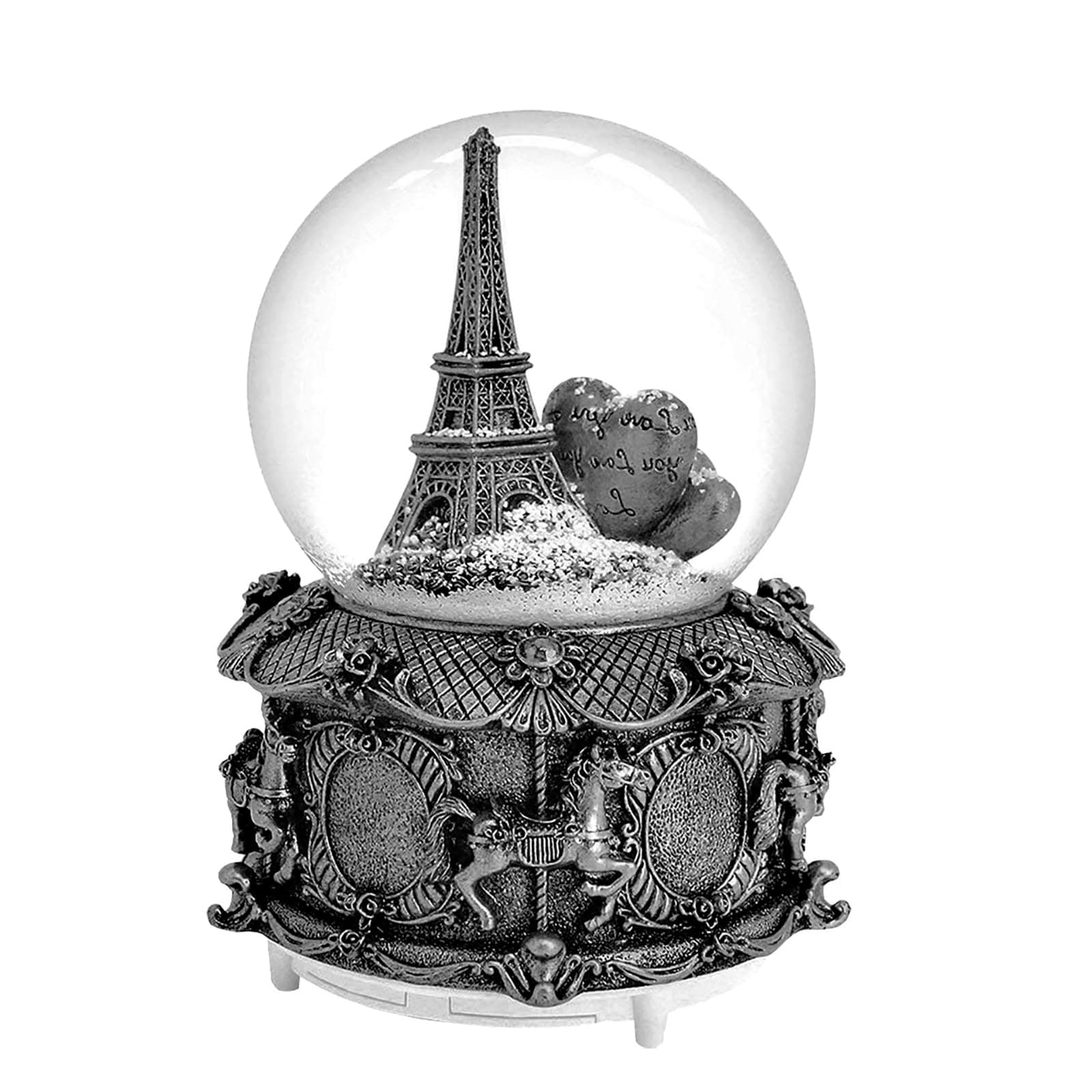 LED Music Snow Globe Vintage Eiffel Tower Buildings Embedded Carousel Retro Home Decoration for Book Shelf Cabinet Floating Board Office Desk Table Top Decor Centerpieces Ornament (Silver A)