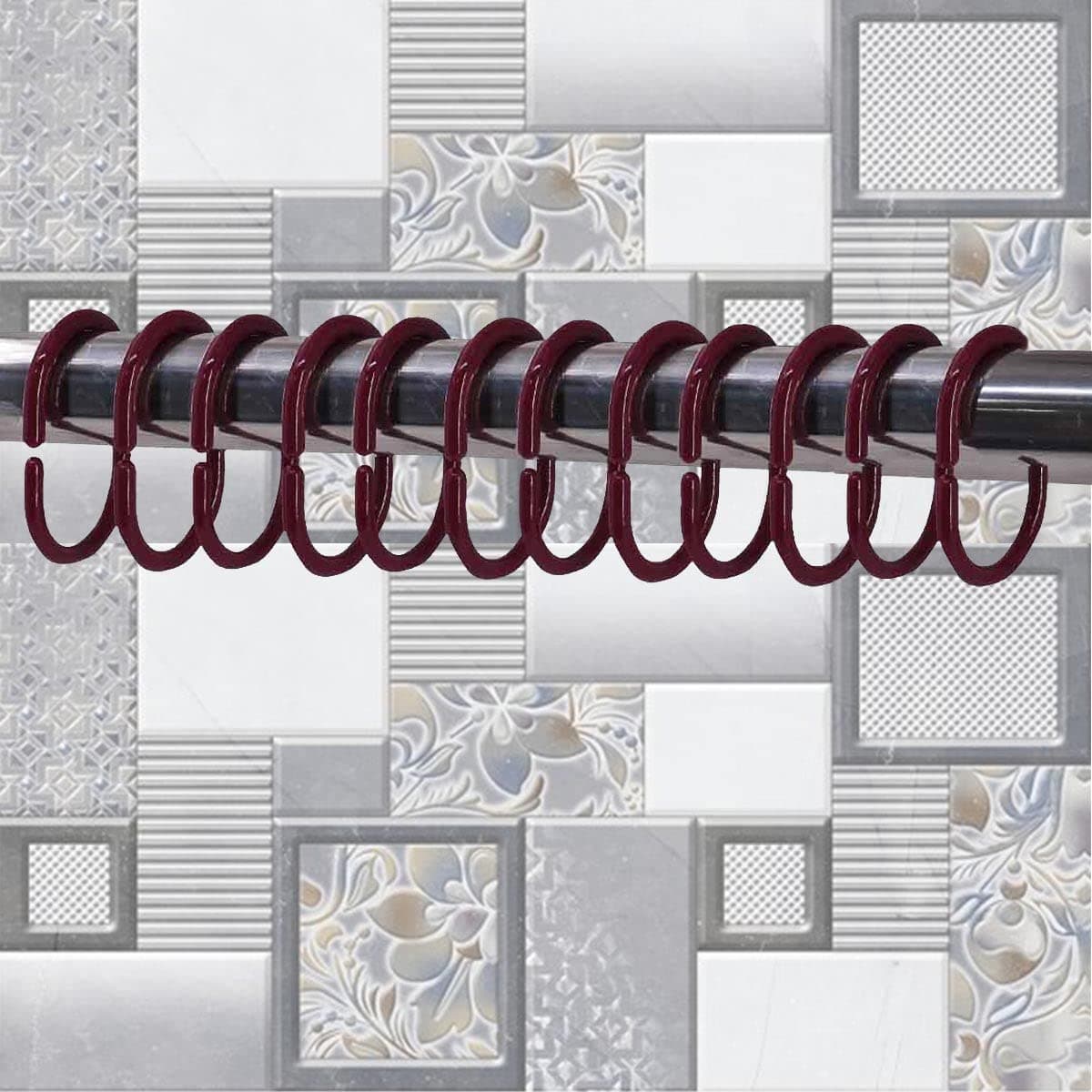 Shower Curtain Rings, Plastic Rust-Proof, Unbreakable, Slides Easily on Bath Drape Rod, Curtain Liner, 24 C Shape Hooks - (JS160905) Maroon