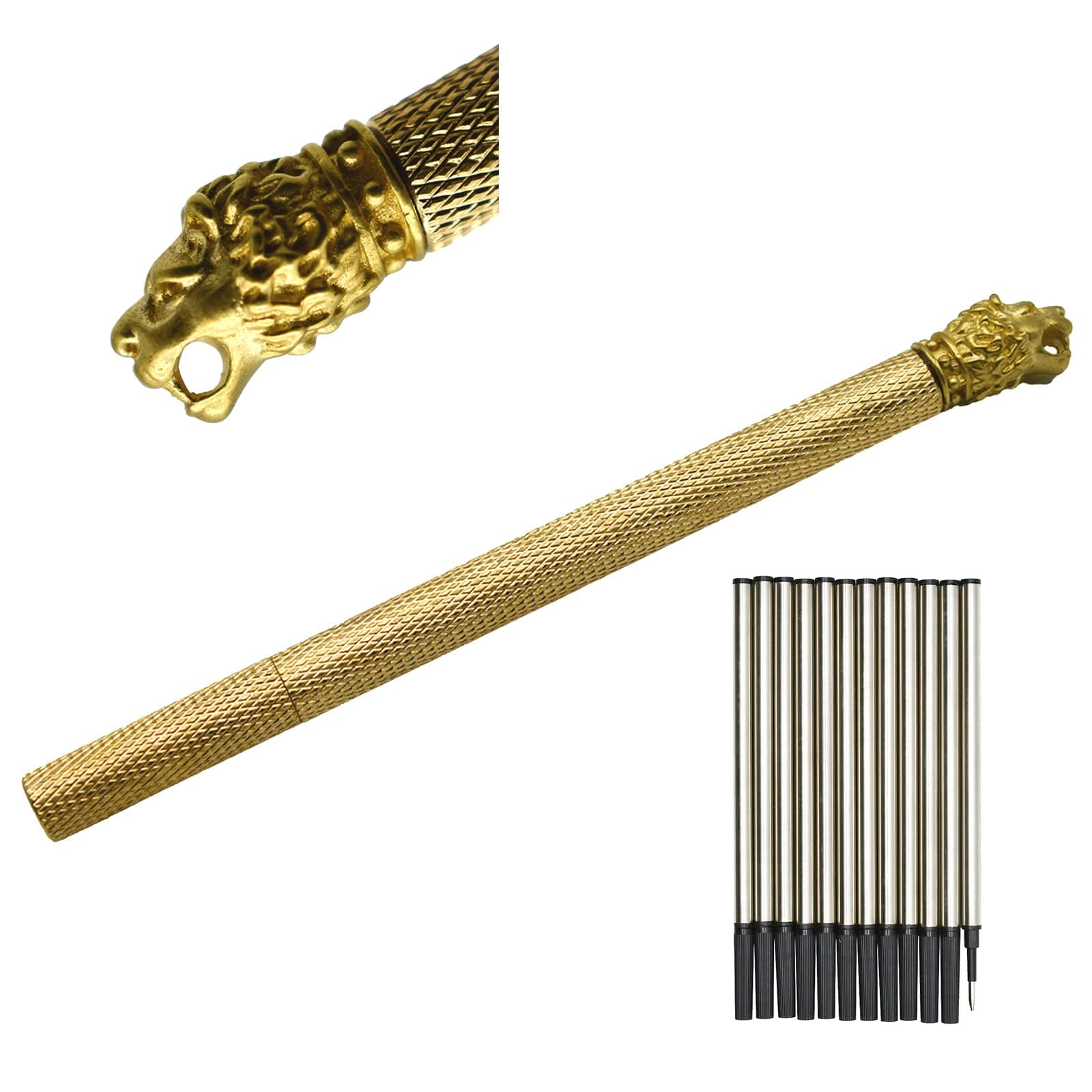 1 PCS Solid Brass Pen Lion Pens Classic Metal Pen Heavy Lion Head Pen with 12PCS Replaceable Rollerball Pen Refills For Men or Women Office Family Gifts.