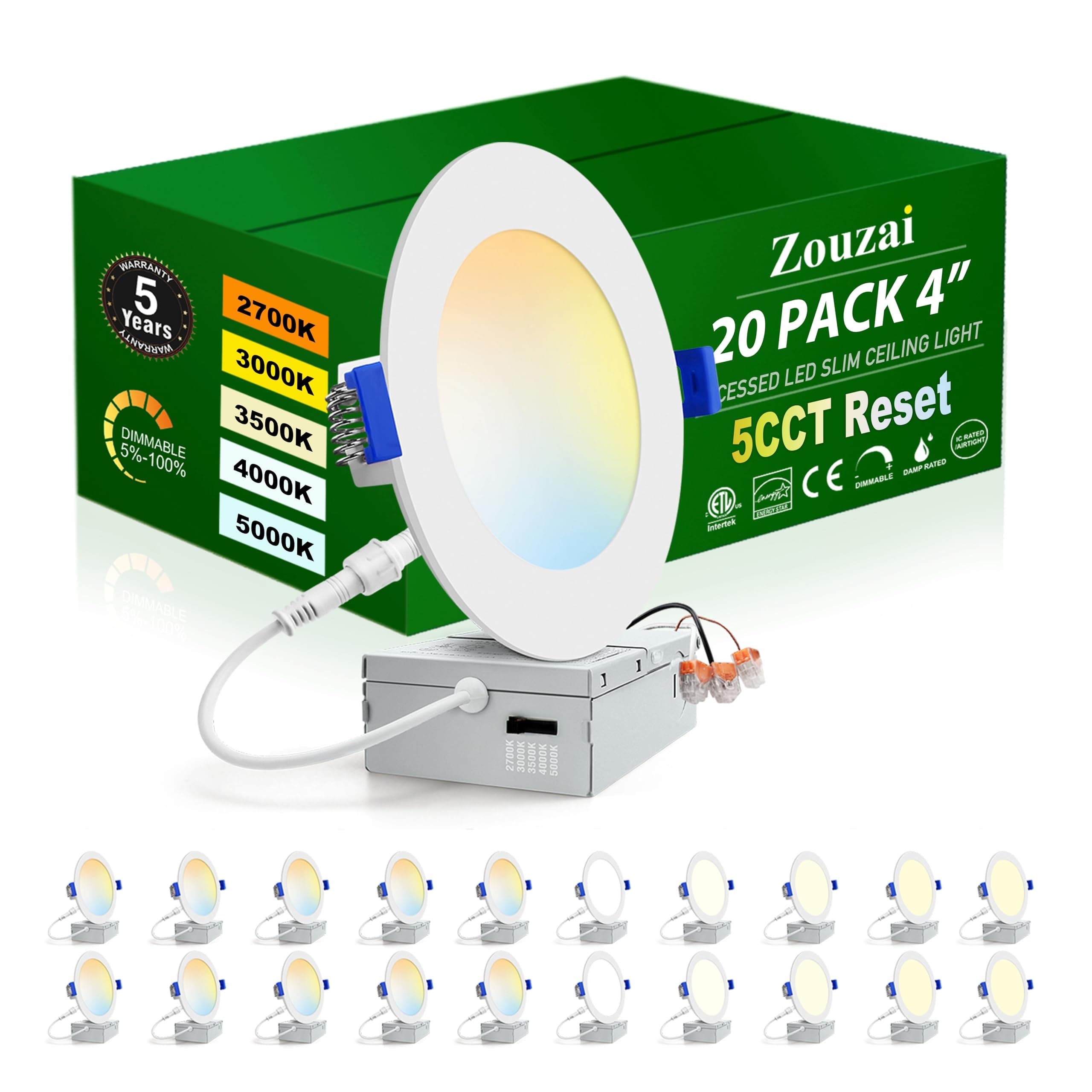 zouzai 20 Pack 4 Inch Ultra-Thin LED Recessed Ceiling Light with Junction Box 5CCT Adjustable Dimmable Can-Killer Downlight - ETL and Energy Star Certified
