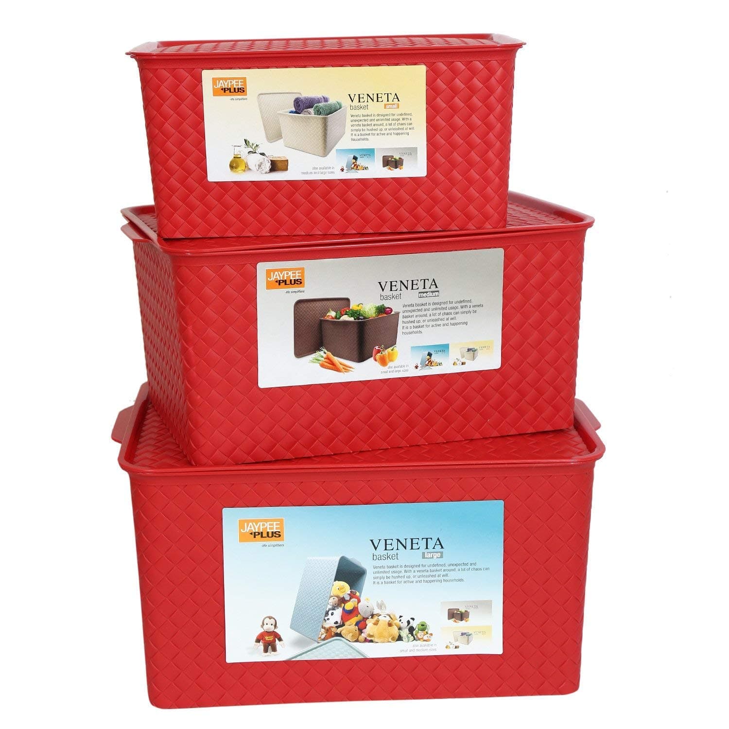 Jaypee Plus Plastic Storage Basket Veneta Combo of 3 Red