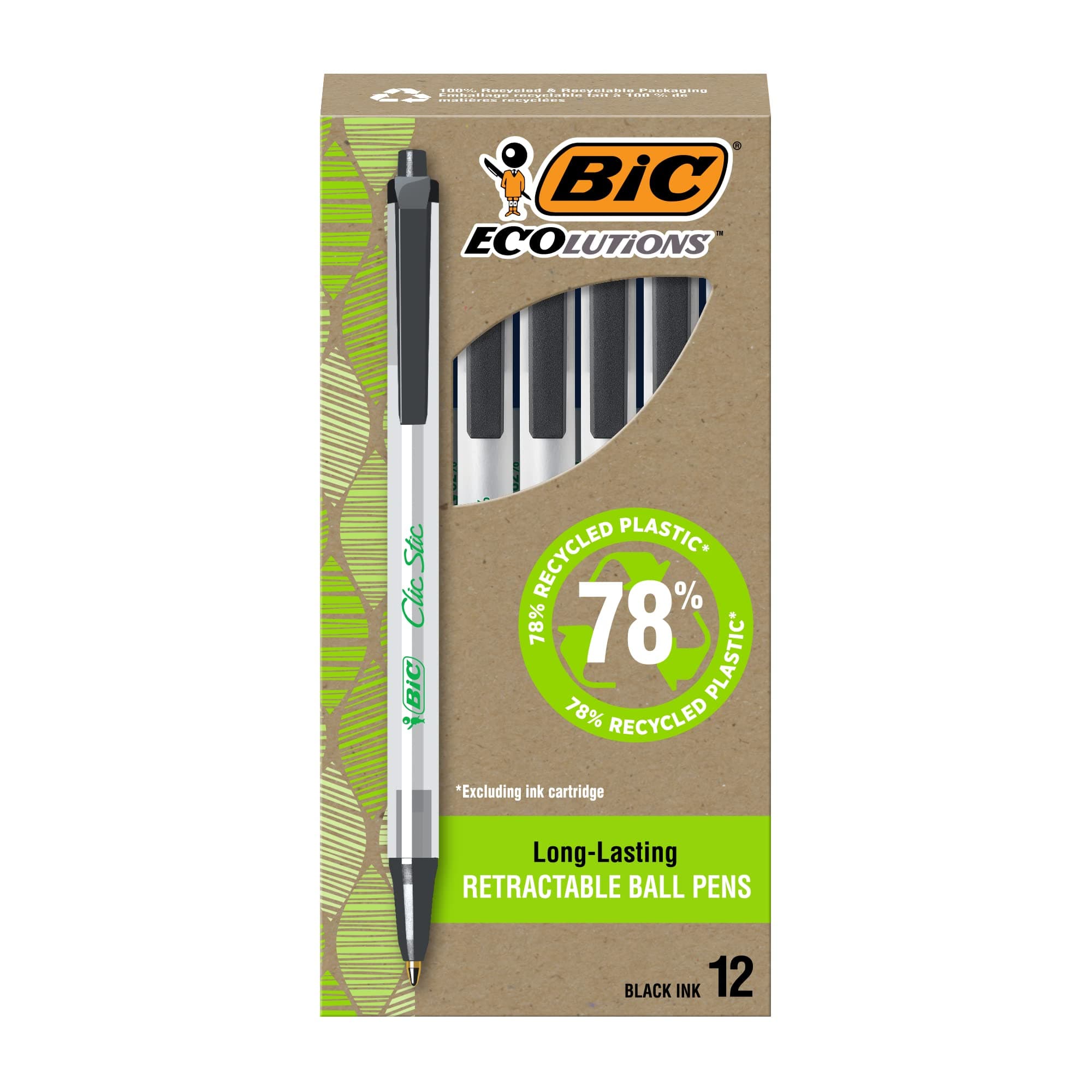 BIC Ecolutions Clic Stic Black Ballpoint Pens, Medium Point (1.0mm), 12-Count Pack, Retractable Ball Point Pens Made from 78% Recycled Plastic