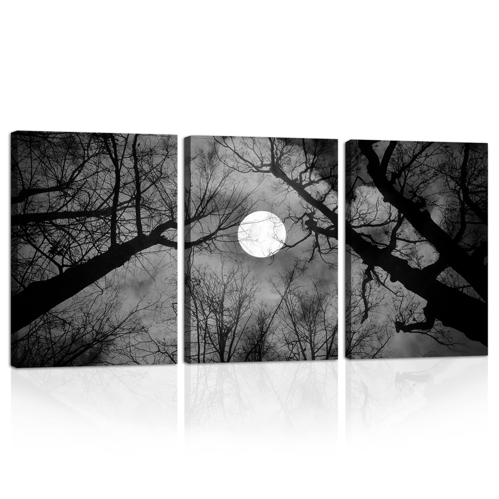 3 Pieces Black and White Canvas Wall Art Forest Tree Full Moon Picture Prints Night View Painting for Living Room Bedroom Decor Framed Ready to Hang (Full Moon-1, 16"x24"x3P (40x60cmx3))