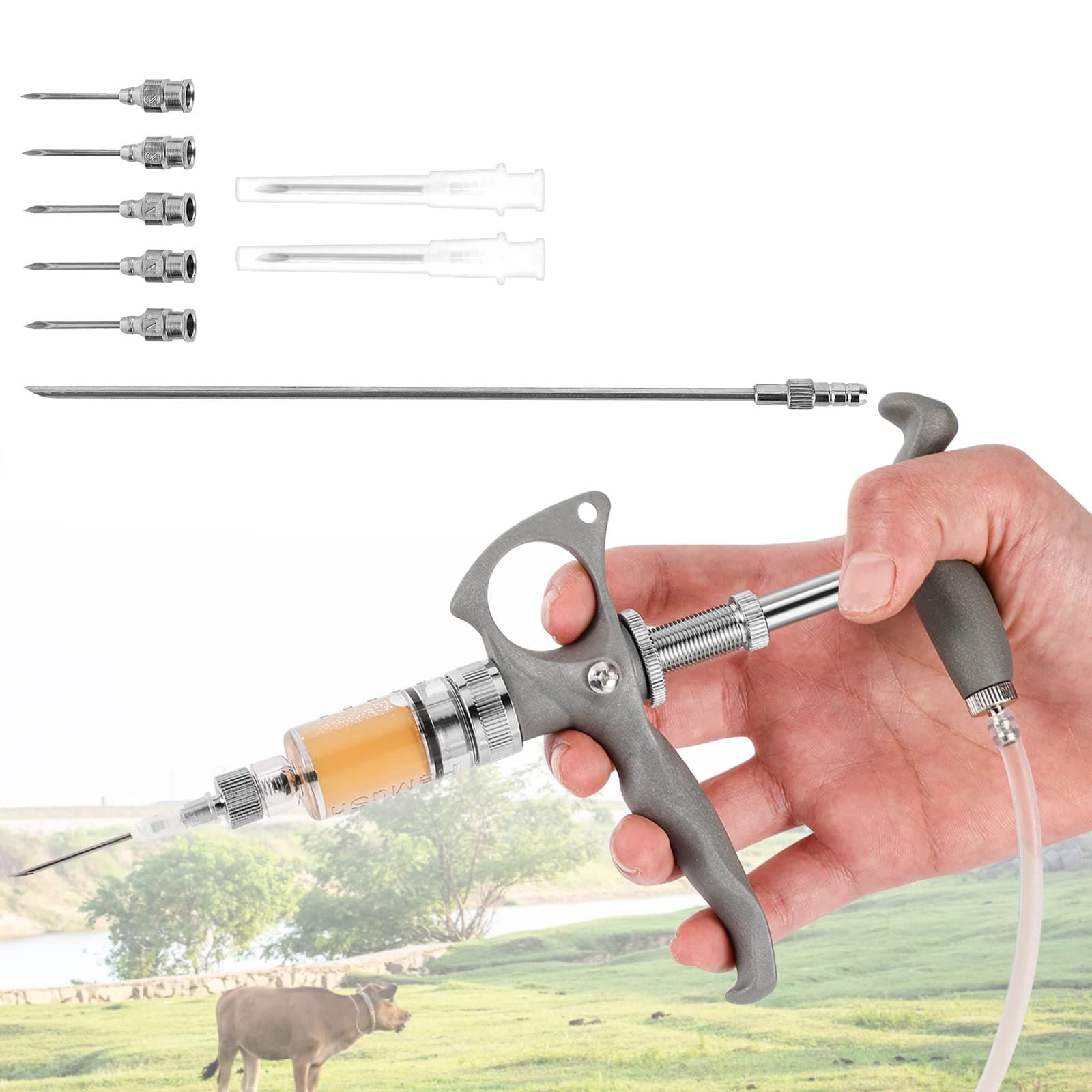 5ml Livestock Syringe with 7 Needles, Semi-Automatic Dose Adjustable, Continuous Cattle Syringe for Goats Poultry Liquid