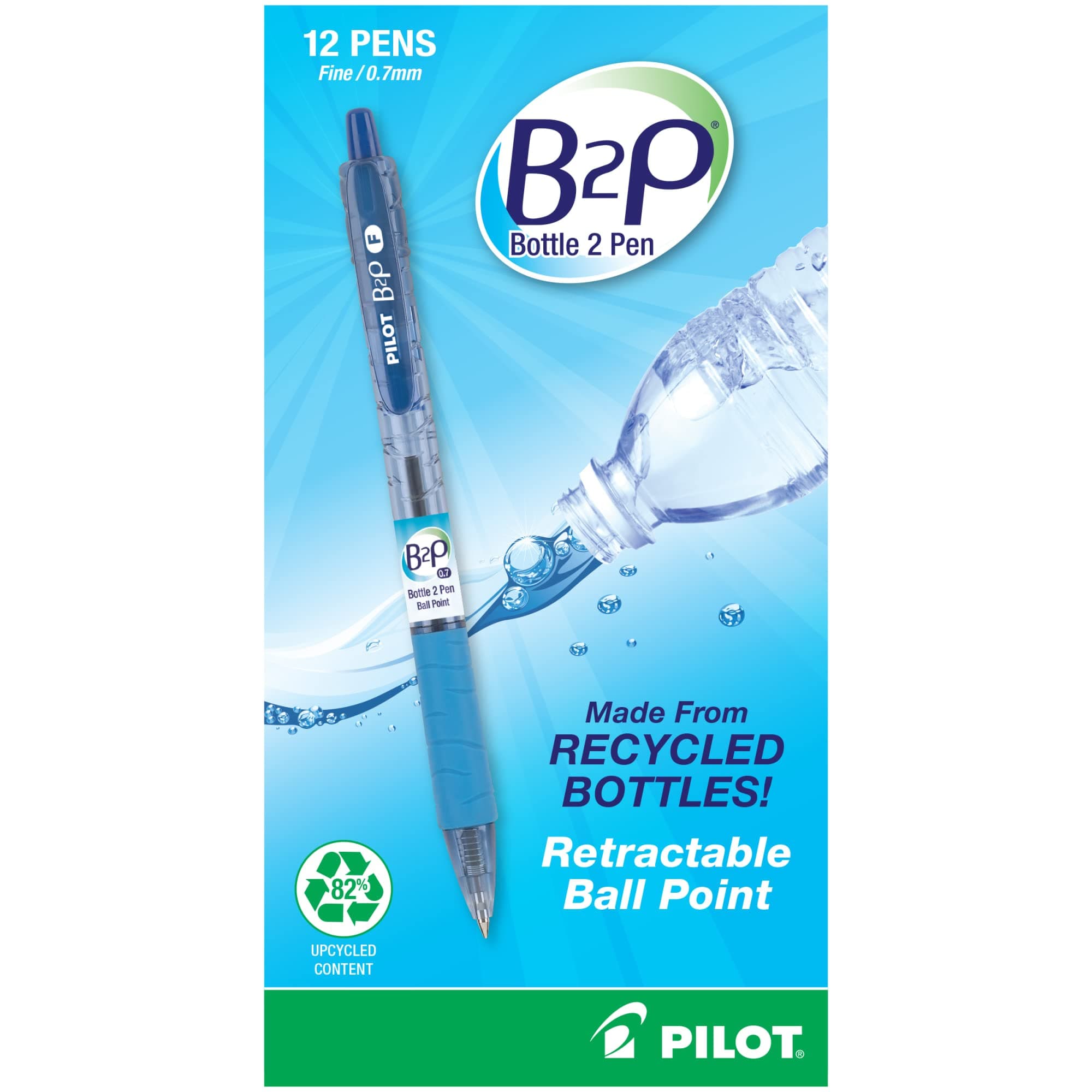 PILOT B2P Bottle 2 Pen Retractable Ballpoint Pens, Fine Point, Blue Ink, Dozen (34601)