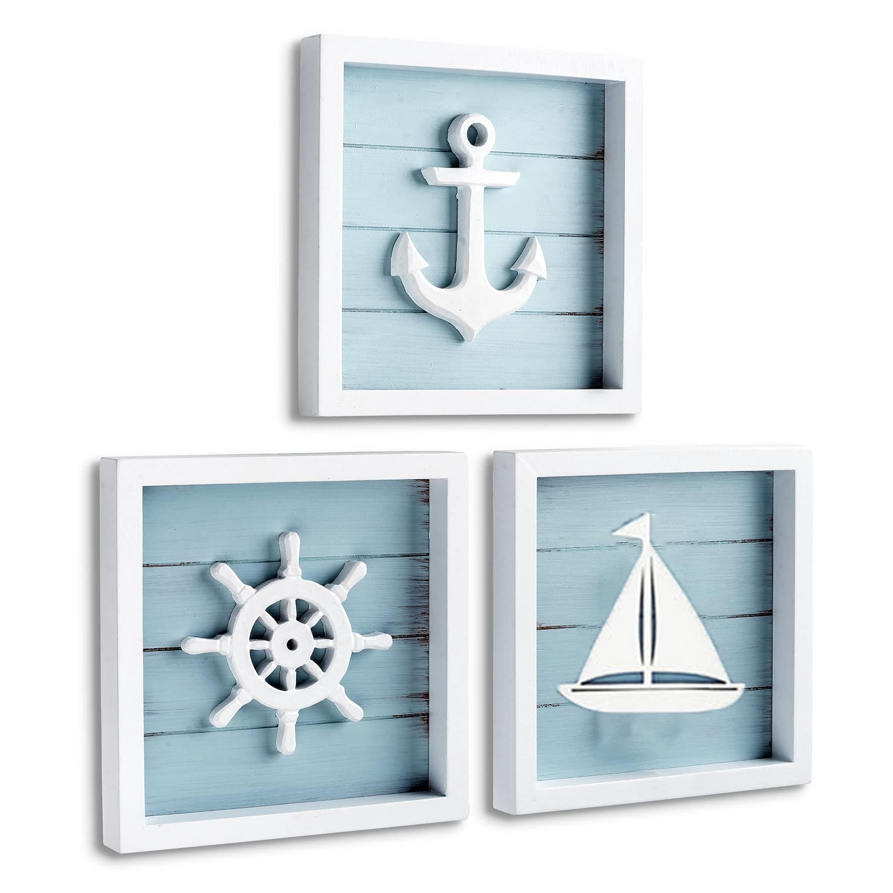 Home Decor, Nautical Wall Decor,Rustic Beach Bathroom Ocean Home Decorations - Coastal Theme Nautical Gifts - Famed Set of 3 (blue)