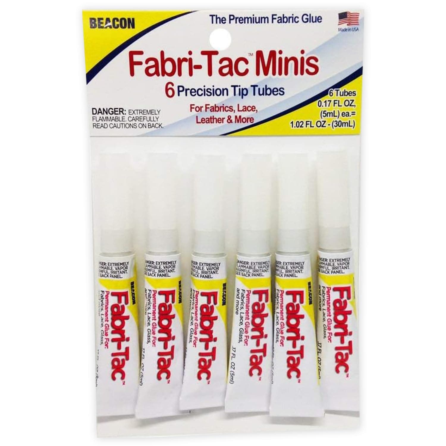 Beacon Fabri-Tac 5ml Mini Tube (6 Pack), Clear - Permanent Adhesive Fabric Glue - Strong Leather Glue for Lace, Glass, Wood & Trims - Quick Drying Craft Glue for Upholstery & Home decor