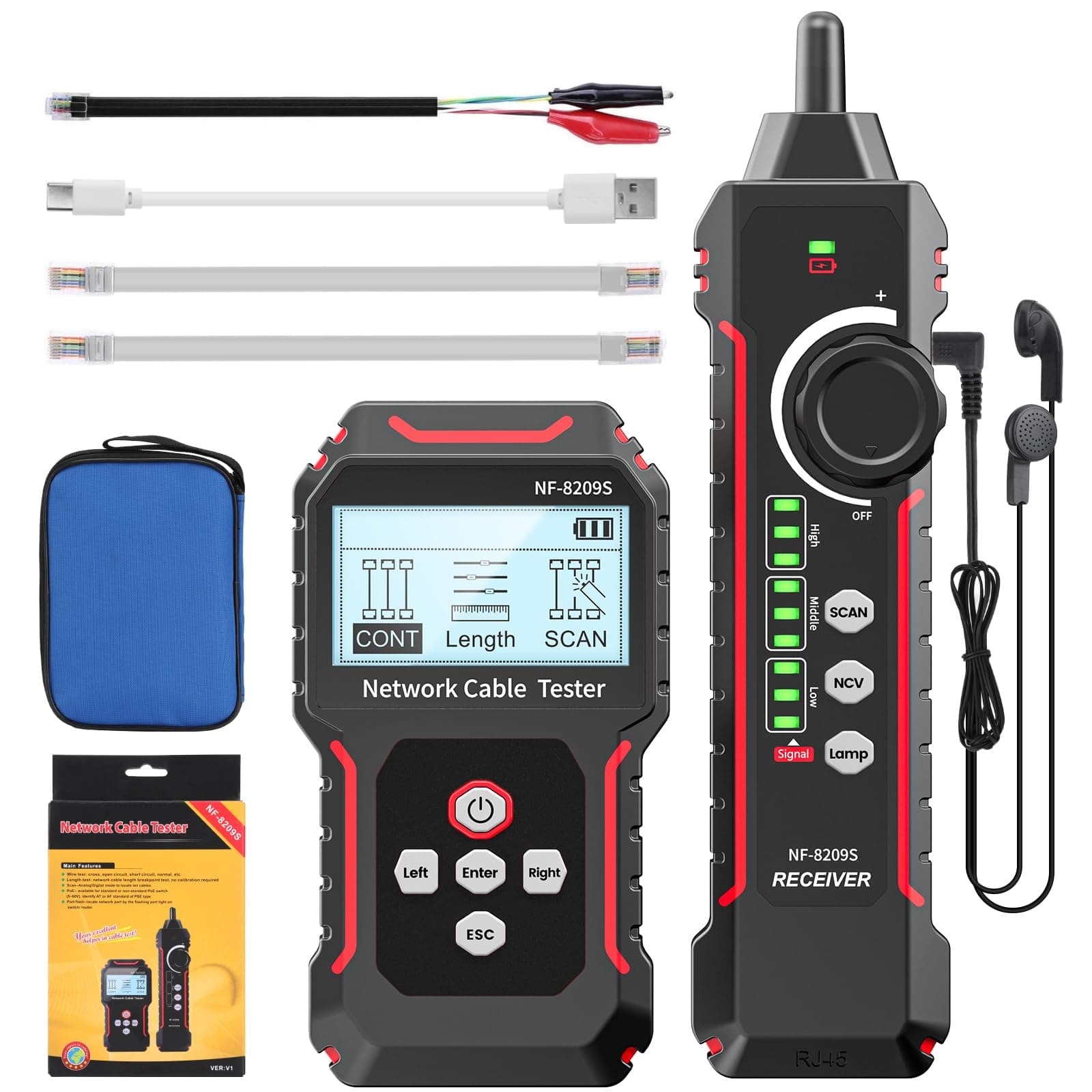 RJ45 Network Cable Tester and Tracer, VXSCAN NF-8209S Ethernet Cable Tester Wire Tracer with NCV & Lamp for CAT5 CAT6 CAT6a - Cont/Length Measurement/SCAN/Flash/QC/NCV/POE Tester