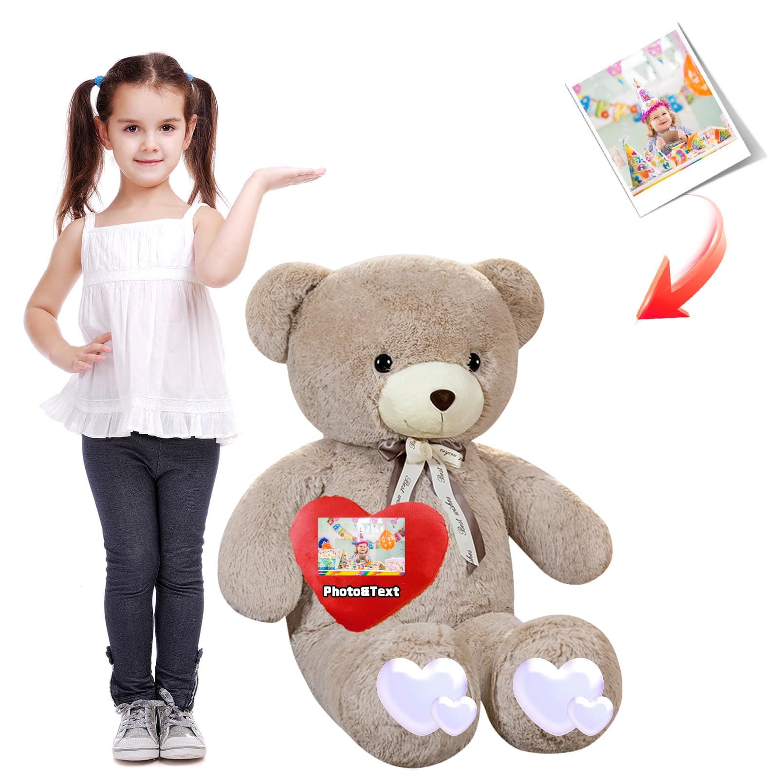Personalized Giant Teddy Bear 4 Feet with Bow as Personalized Gifts, Huge Teddy Bear 48 inch with Text Photo as Anniversary Birthday Gifts for Valentines Christmas (48 inch-Text+Photo)