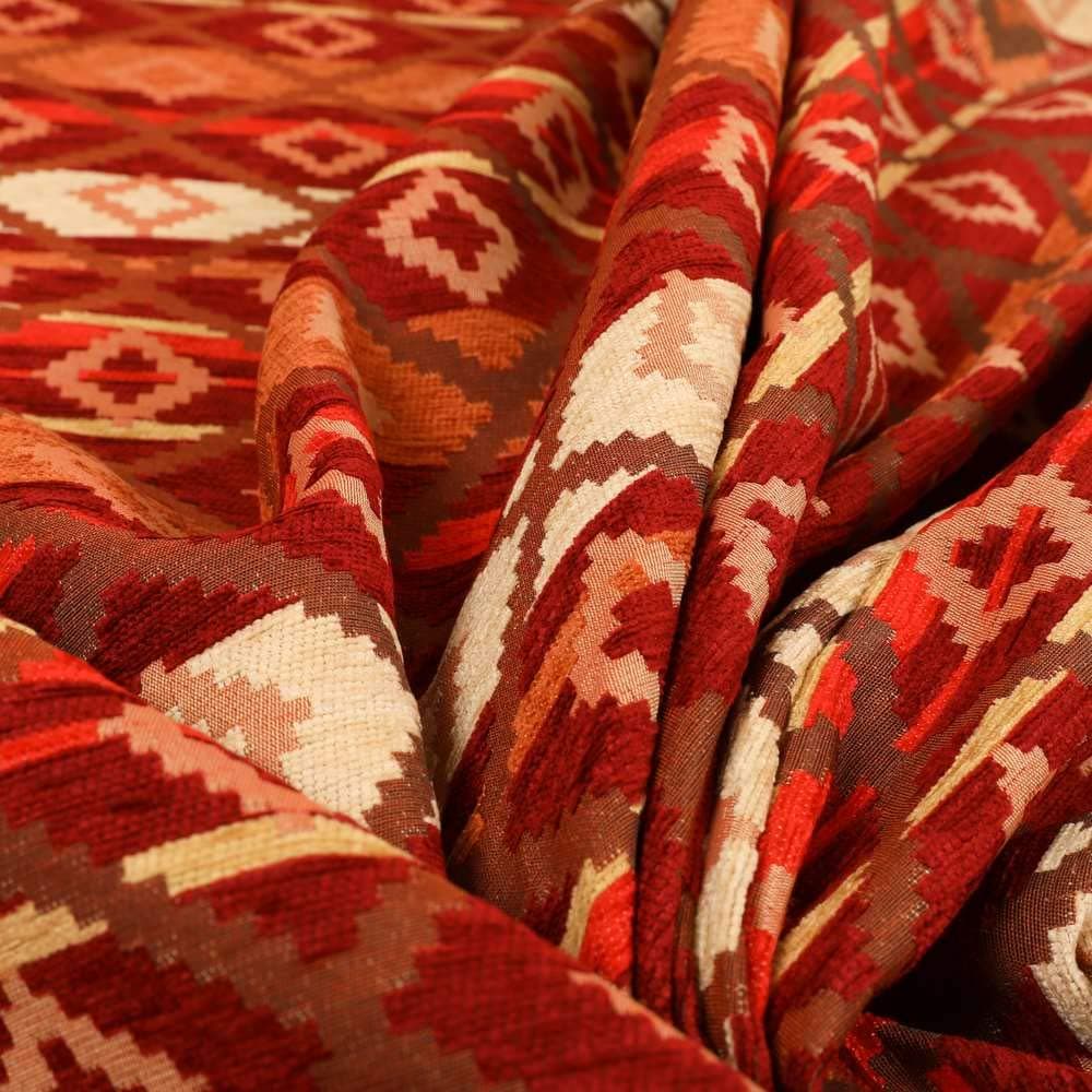 Modern Small Kilim Aztec Pattern Orange Red Chenille Curtain Upholstery Fabrics (10cm x 8cm Sample)