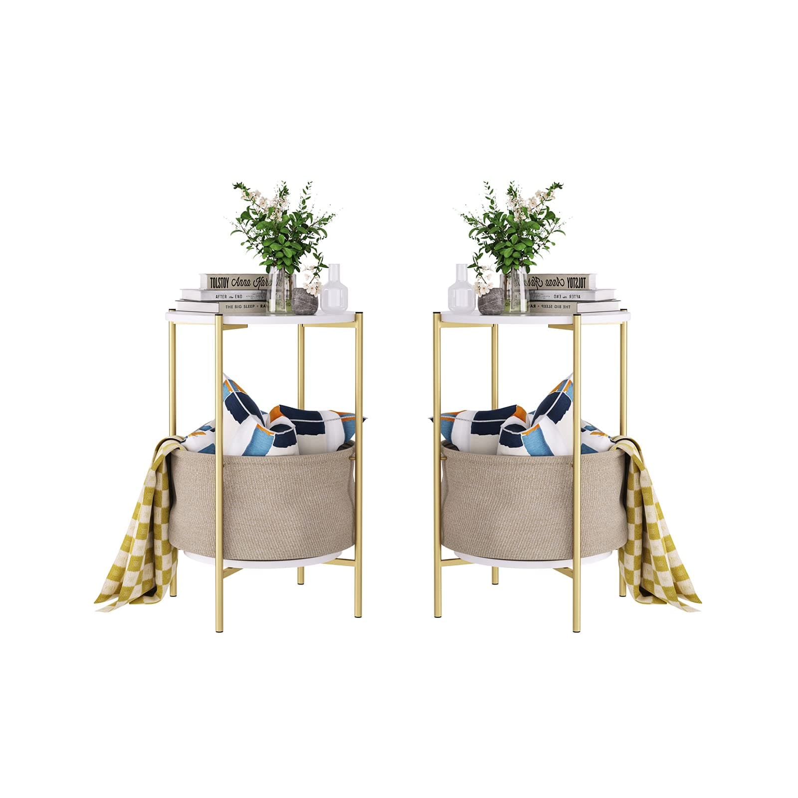 FINETONES Round End Table, 2-Tier Side Table Accent Table with Detachable Linen Basket and Storage Shelf, Modern Bedside Sofa Coffee Table for Living Room, Bedroom, White/Gold, 2 Pack