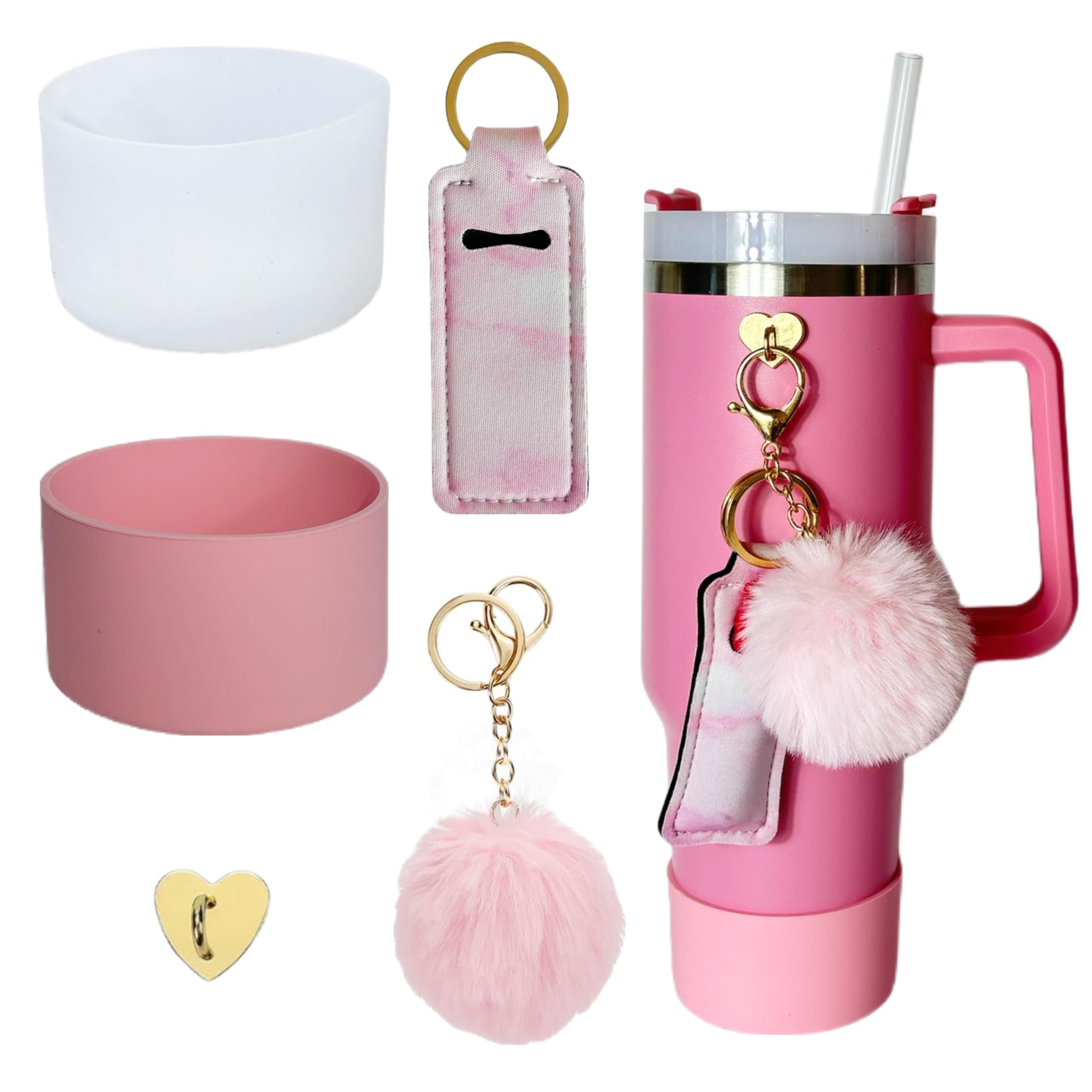 Accessories for Stanley Cup,2 Silicone Boots for Stanley 40oz Tumbler,1 Charms Hook,1 Lip Balms Holder Bag,1 Pompom Ball(Lightpink,Transparent)