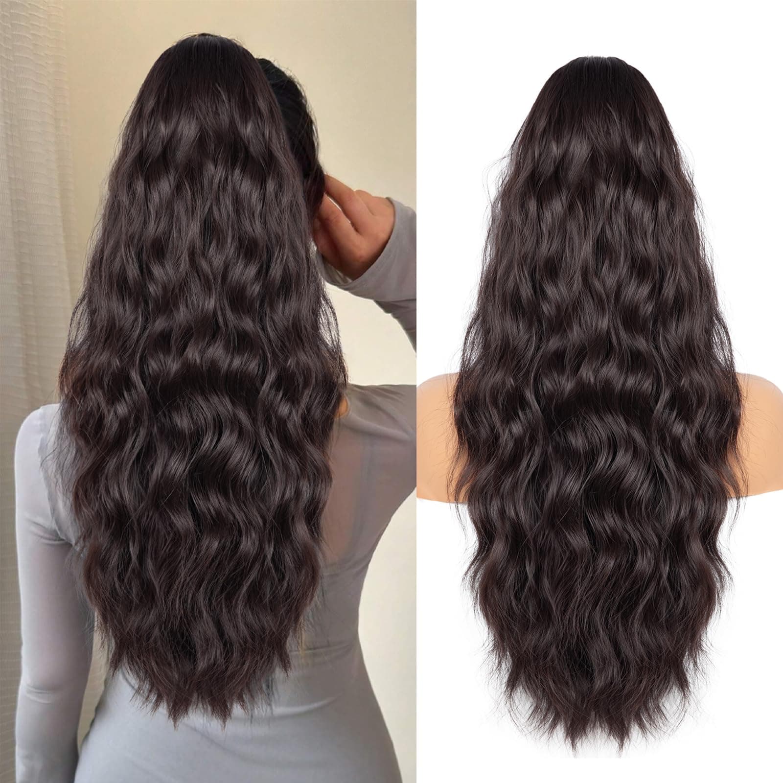 Drawstring Ponytail for Women, 26 inch Long Ponytail Extension, Soft Synthetic Pony Tails Hair Extensions, Clip in Ponytail Hair Extension for Daily Use (Dark Brown With a Slight Auburn Luster)