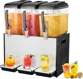 VEVOR Commercial Beverage Dispenser 3 Tanks 12L Water Fountain 370W Ice Tea Juice Lemonade Dispenser Cooling Temperature 7-12°C for Restaurant, Hotel, Cafe