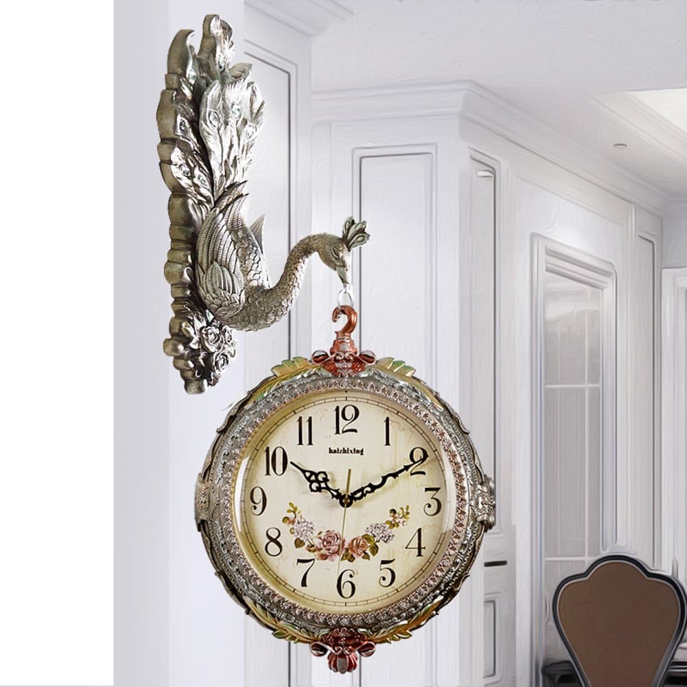 American Style,Retro,Two-sided Clock/Living Room,Creative,Decorative Peacock Wall Charts-D 26inch