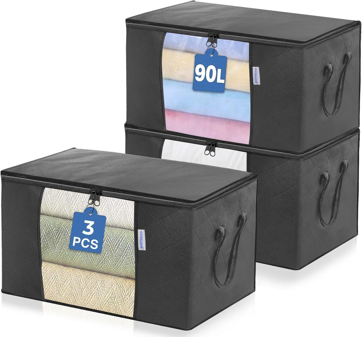 SKY-TOUCH 3 Pcs Large Capacity Sized Bags, Clothes Storage Bag Organizers, Foldable, Durable and Space Saver with See-Through Window and Carry Handles 90L