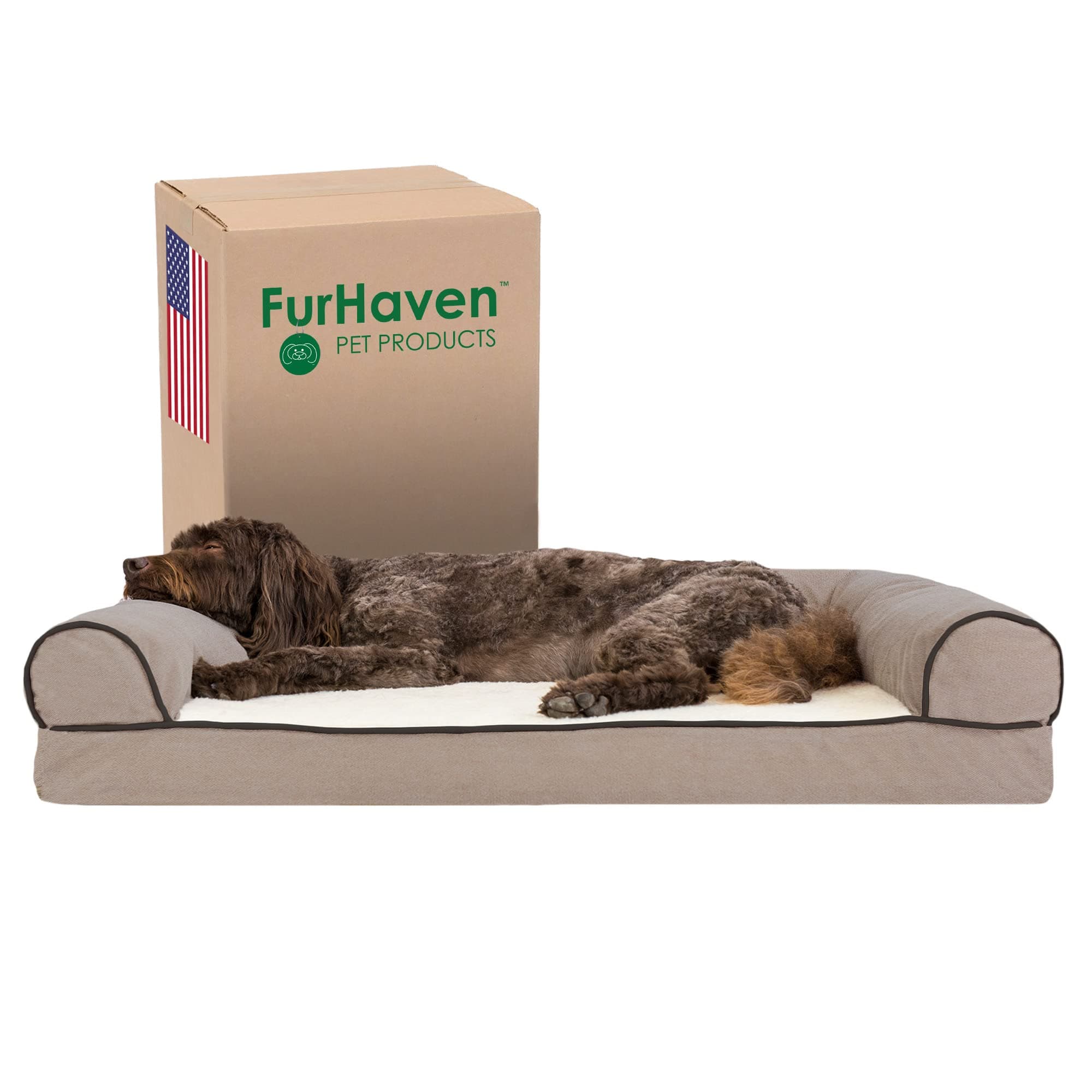 Furhaven Memory Foam Dog Bed for Large/Medium Dogs w/ Removable Bolsters & Washable Cover, For Dogs Up to 55 lbs - Sherpa & Chenille Sofa - Cream, Large