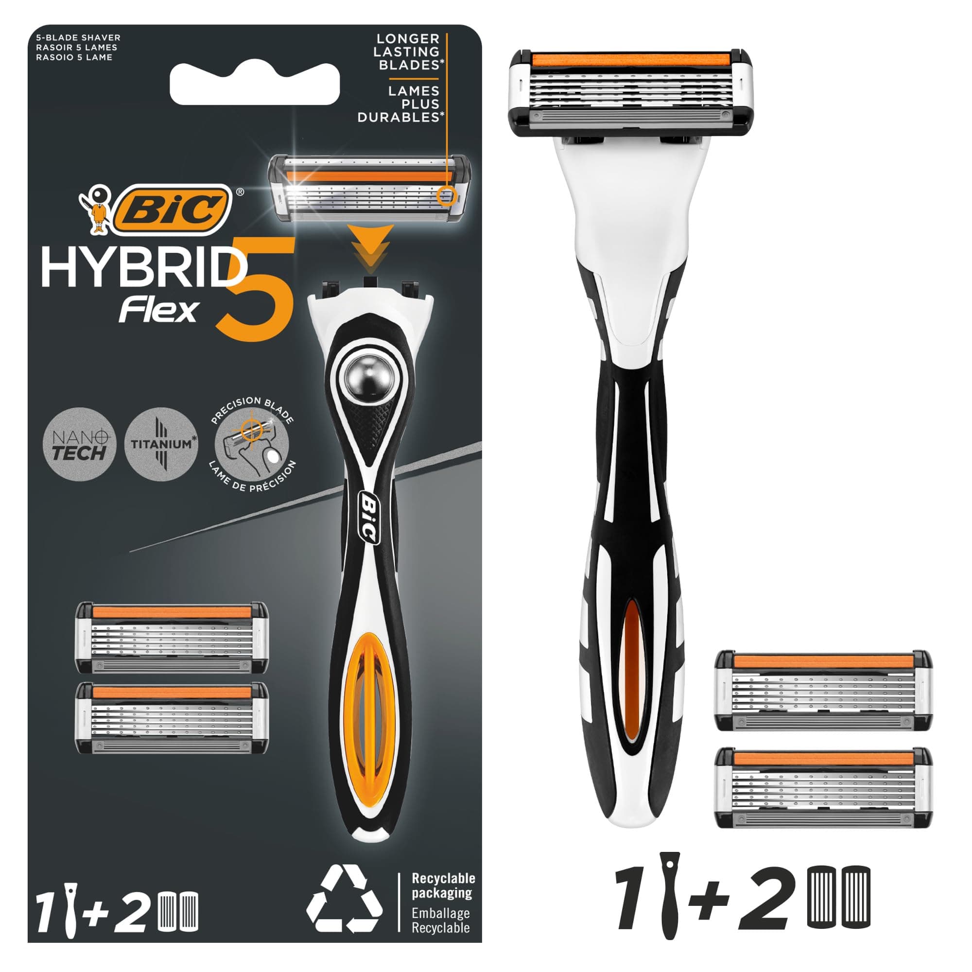 Hybrid 5 Flex Refillable Men's Razor Kit, Handle and Nano-Tech Titanium 5-Blade Refills - Box of 1+2