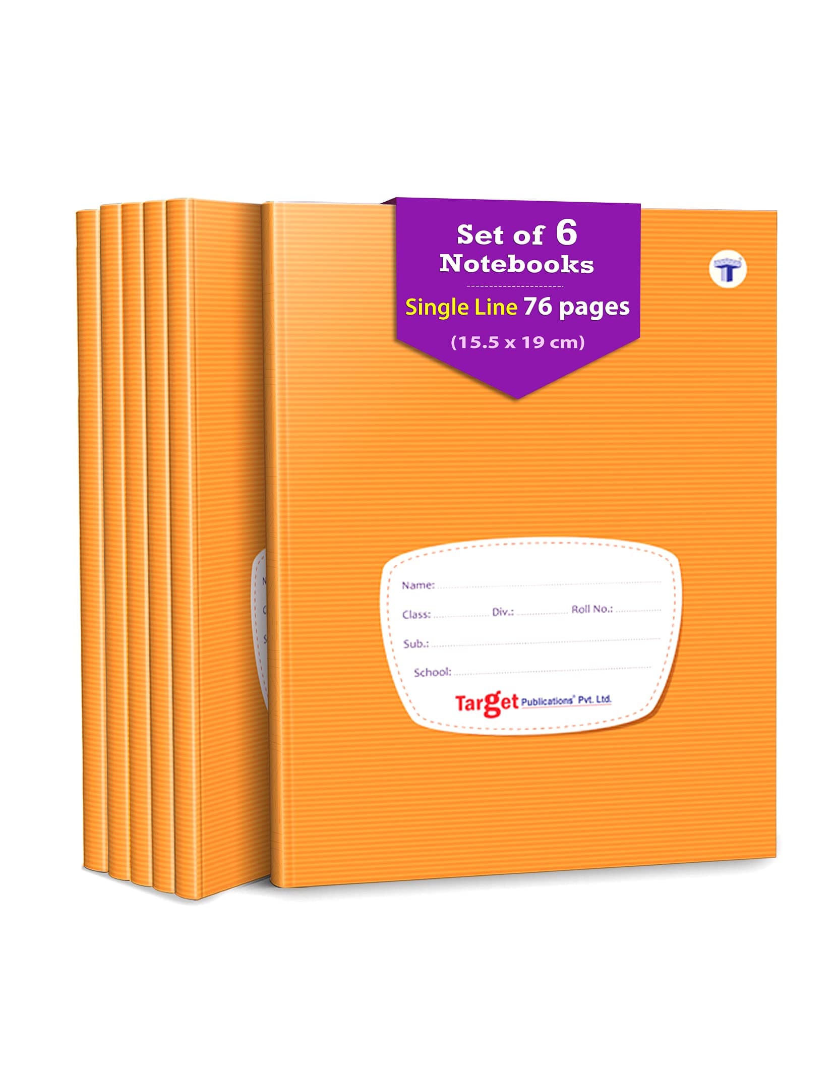TARGET PUBLICATIONS Single Line Small Notebooks for School | 76 Pages | 15.5 x 19 cm | Brown Cover | Set of 6 | GSM 58