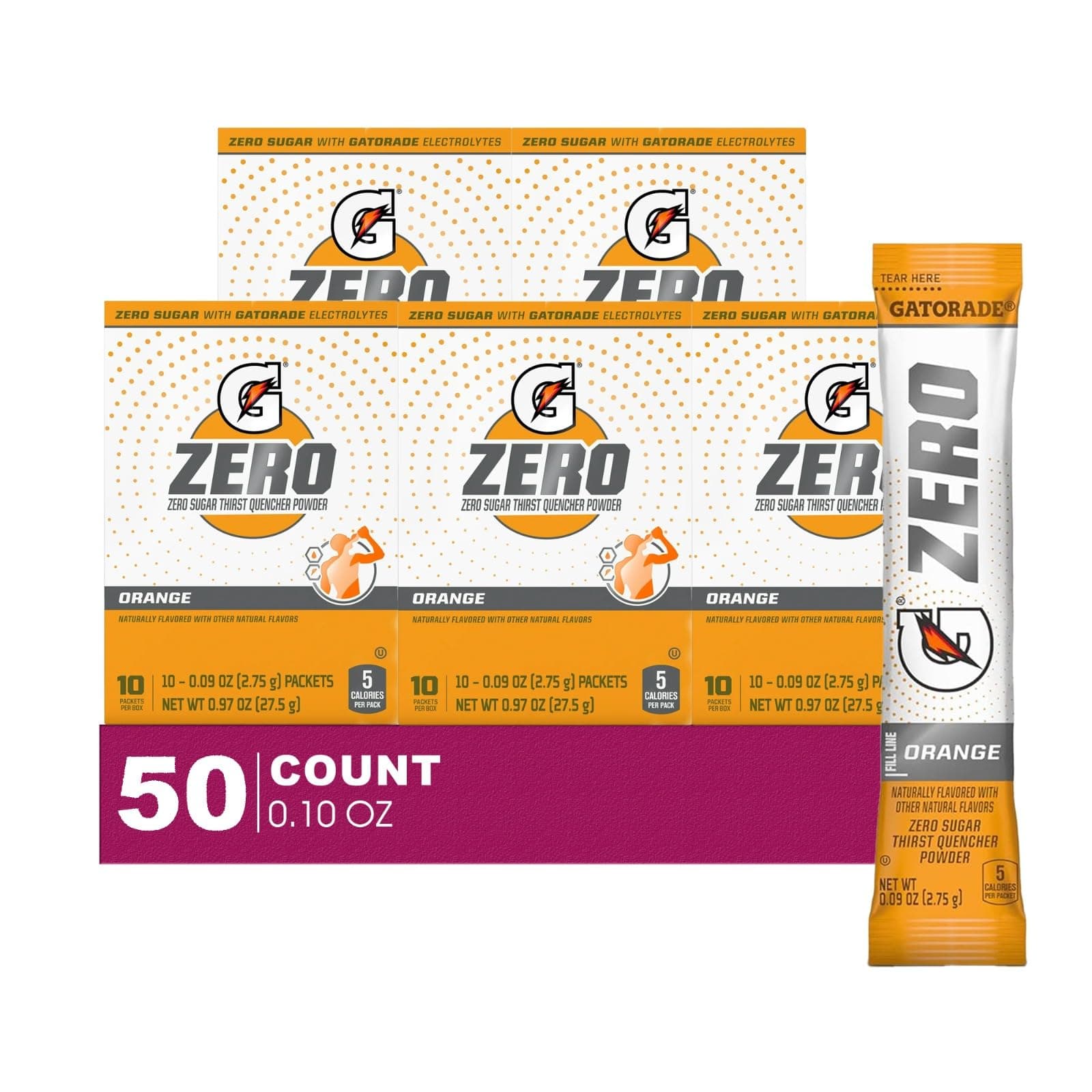 GatoradeZERO 50- Count of Zero Orange Thirst Quencher Electrolyte Enhanced Sports Drink Powder 0.10oz Packet