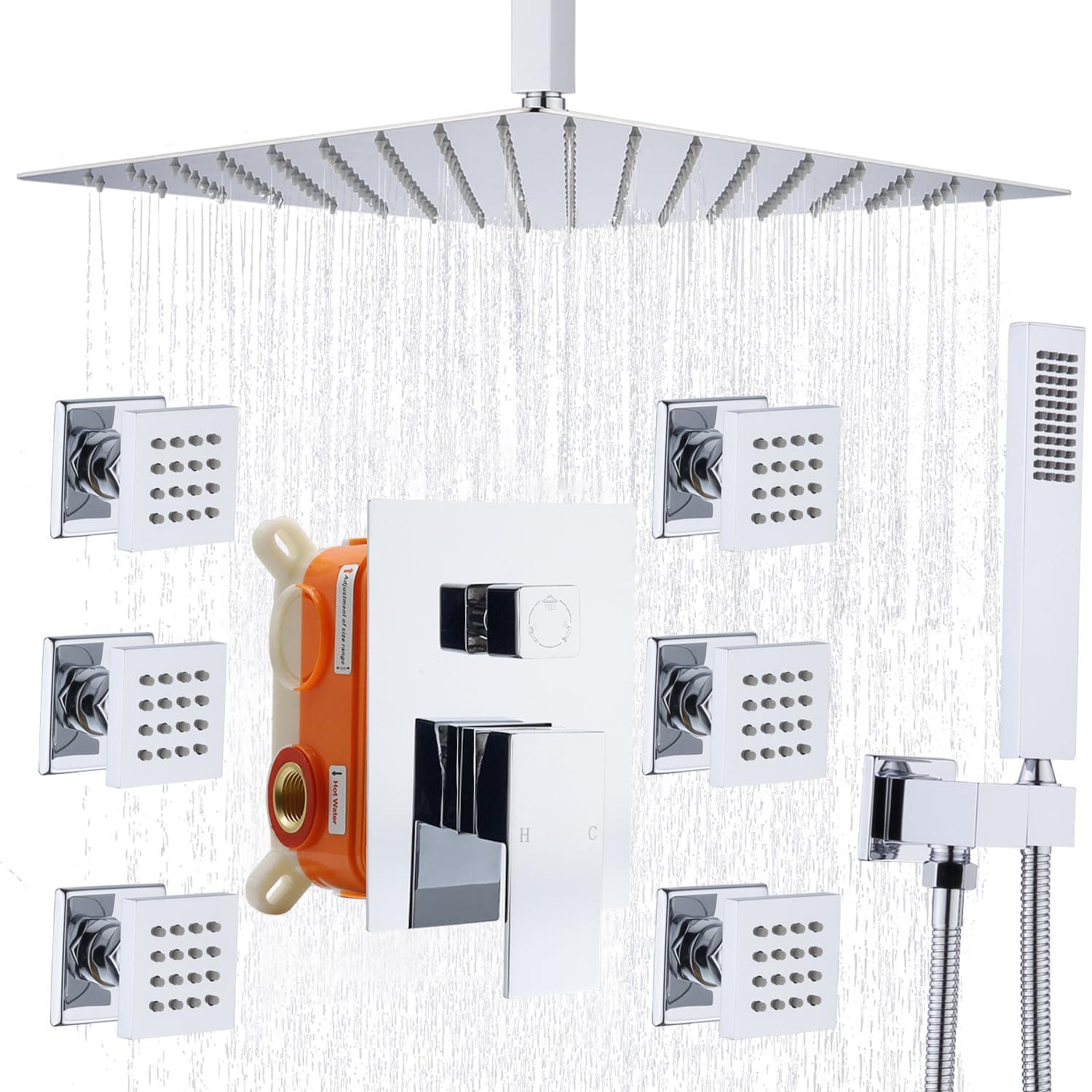 Enga Shower Body Jet System 12 Inch Ceiling Mounted Rainfall Shower Head with 6 Body Sprays and Handshower, Brass Shower Faucet Rough-in Mixer Valve, Chrome