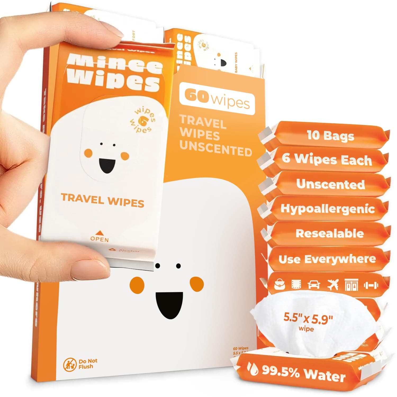 MINEE WIPES - Slides Into Your Pocket - Ultra Compact Pack Size - Hand Wipes for Adults and Kids - Travel Wipes - Baby Wipes - Alcohol Free Unscented Wet Wipes Travel Size - 10 Pack Total 60 Wipes