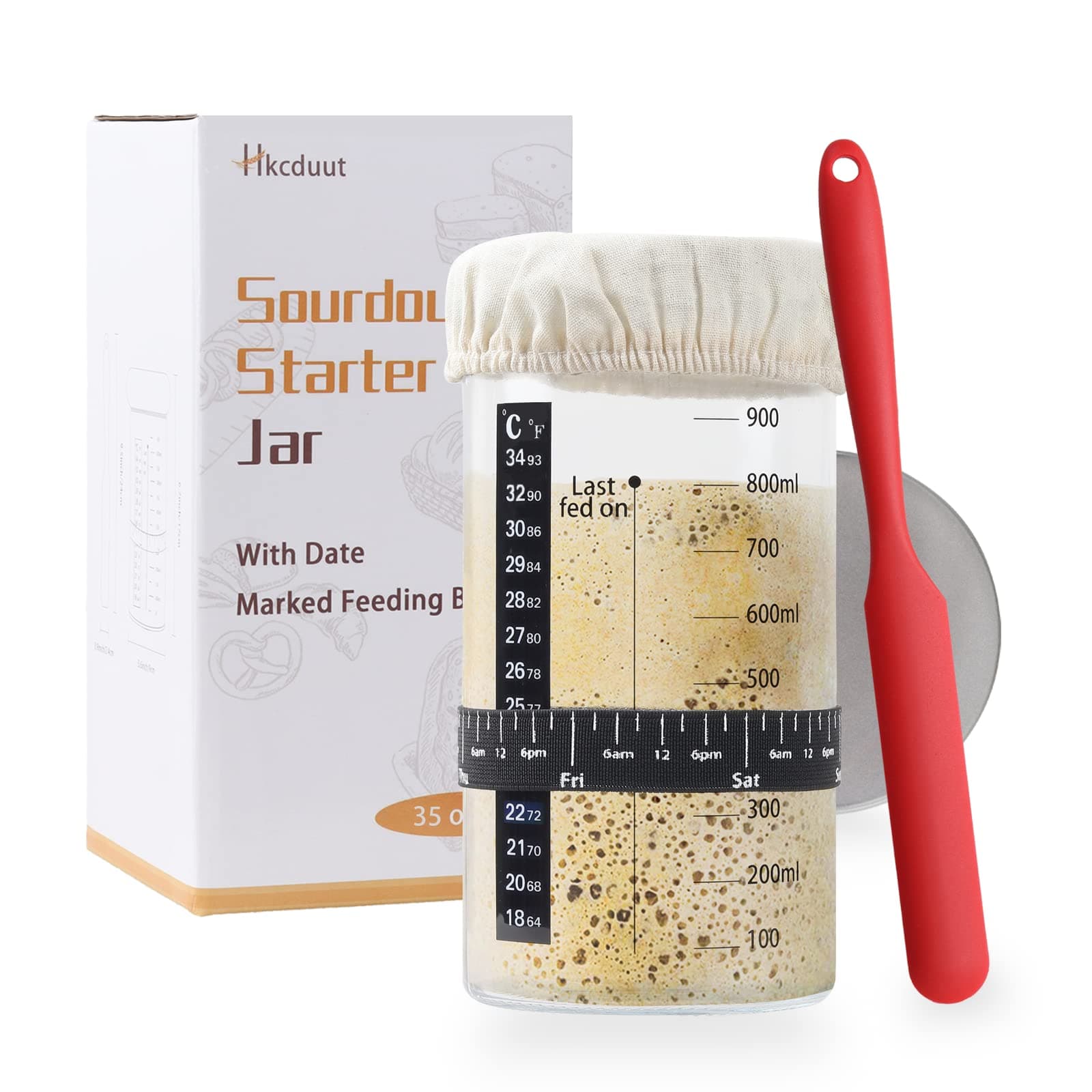 Sourdough Starter Jar for Sourdough Bread Baking, Sourdough Starter Kit With Date Marked Feeding Band, Thermometer, Scraper, Sourdough Container Sewn Cloth Cover & Metal Lid (1000ml/35Oz)