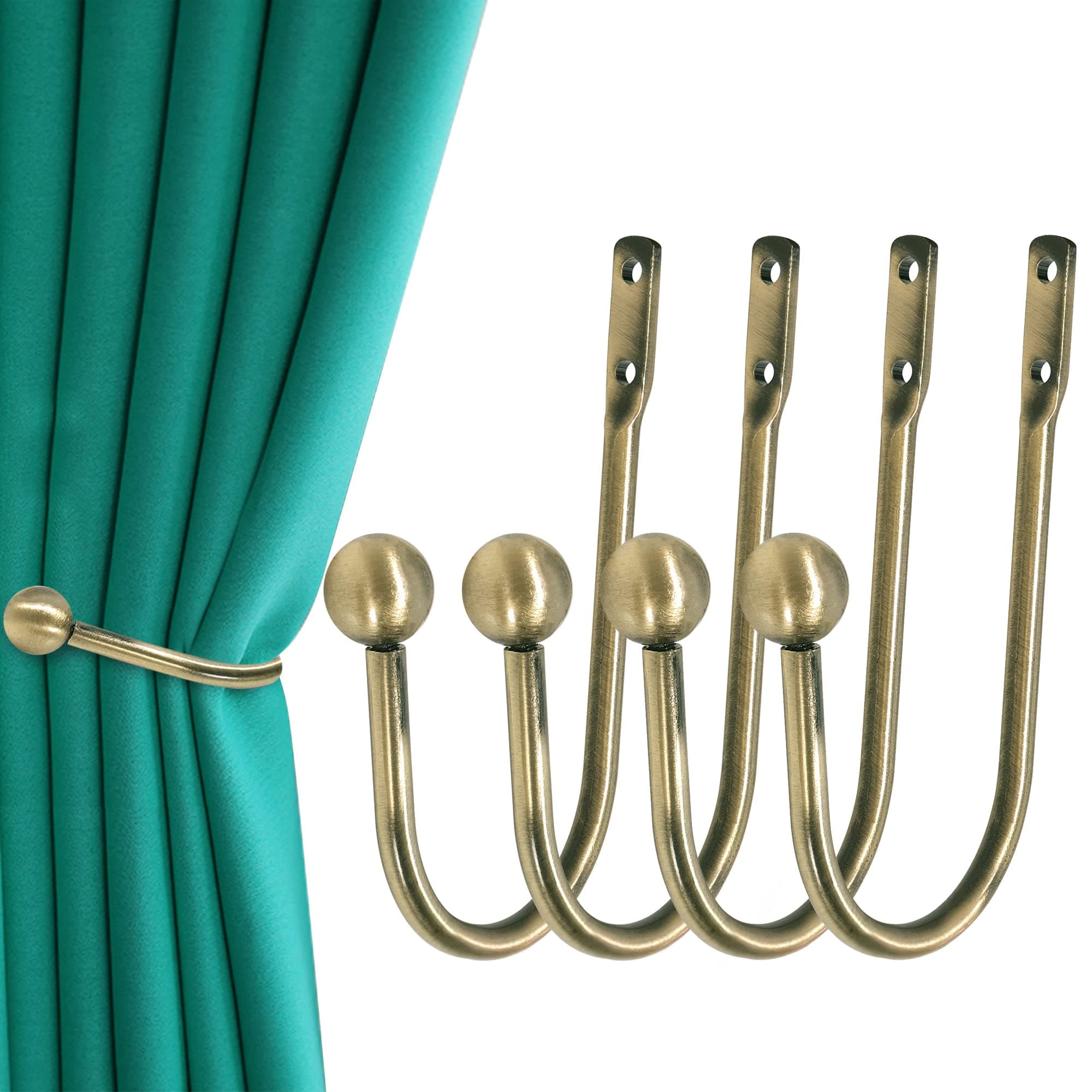 Curtain Holdback, 4 Pcs Wall Mounted Drapery Tiebacks with Screws, Heavy Duty Metal Decorative Window Drapery Holder Curtain Hook, Brass