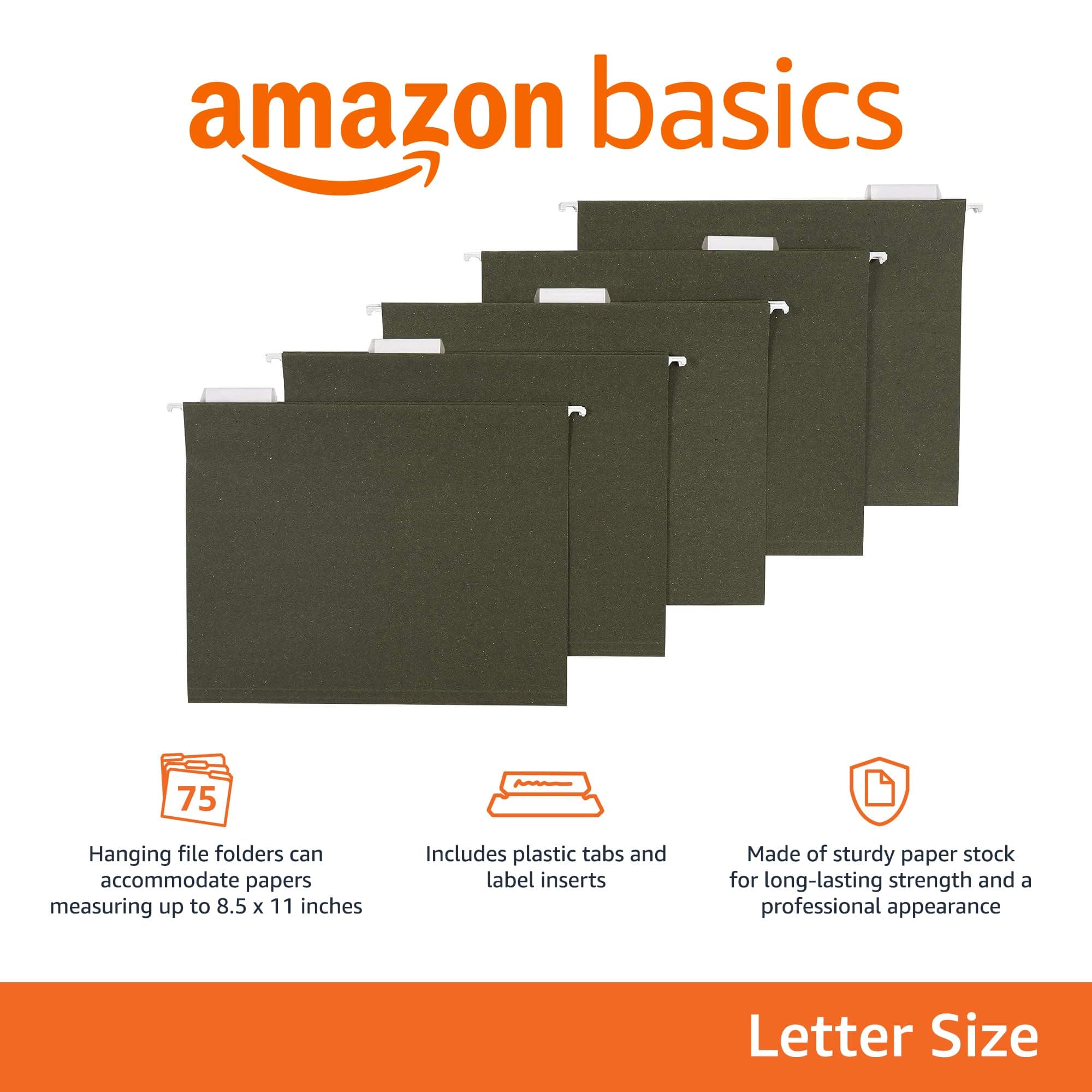 Amazon Basics Hanging File Folders, Letter Size, Standard Green, 1/5-Cut Tabs, 75 per Box