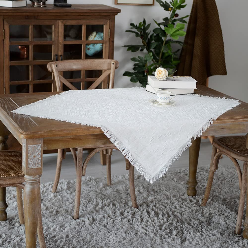 Rustic Tablecloth Sofa Covers Blanket Cotton Polyester Offwhite Khaki Geometrical Knitted Tassels Table Cover for Home Decor Holiday Kitchen Dining Buffet (Offwhite, 90x90cm)