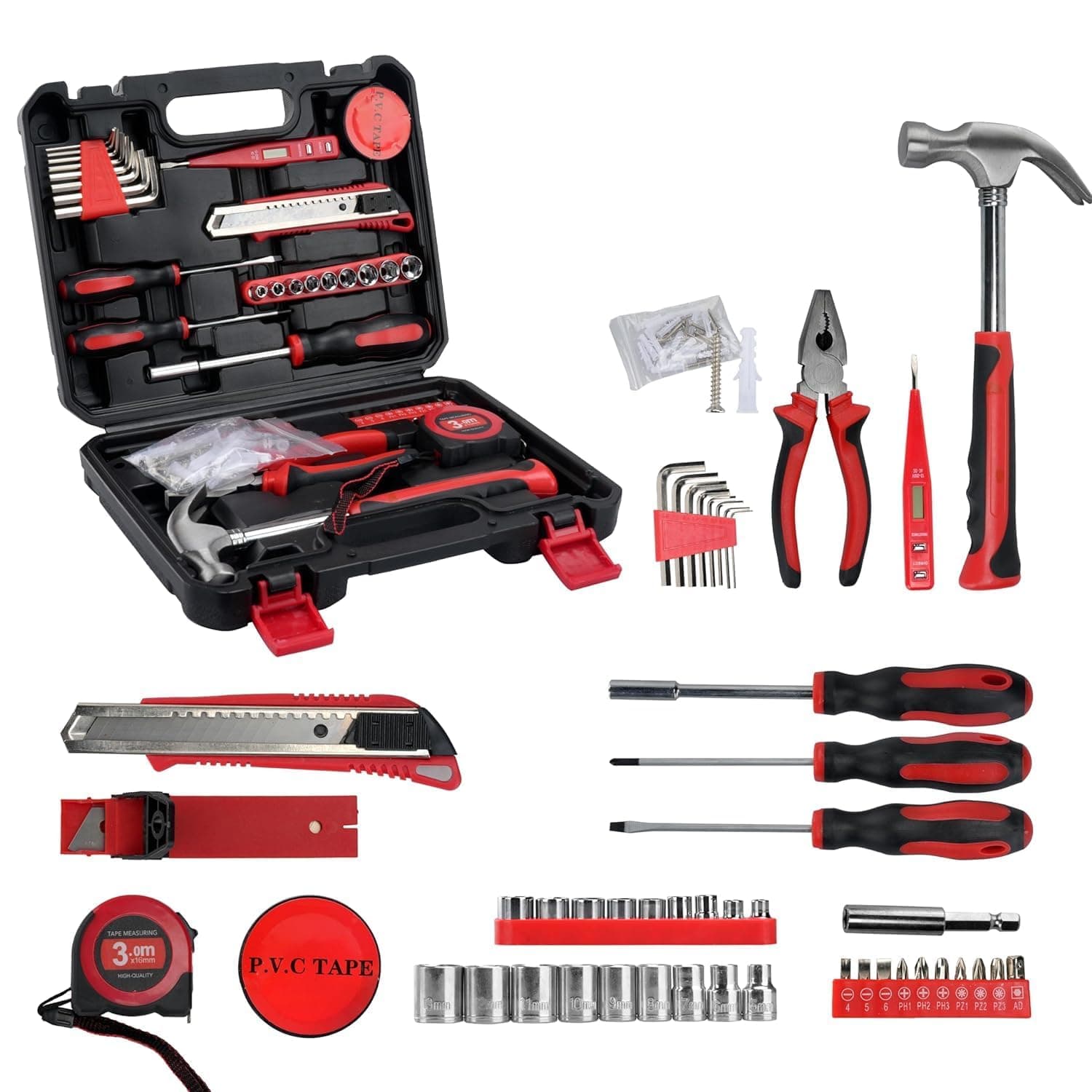 Enon DIY Household Hand Tool Box (83 Pcs) Essential Toolkit with Screwdrivers, Pliers, Wrenches, Hammer, Saw and More for Home, Office, Garage, Bike, Car, Repair & Maintain with Confidence