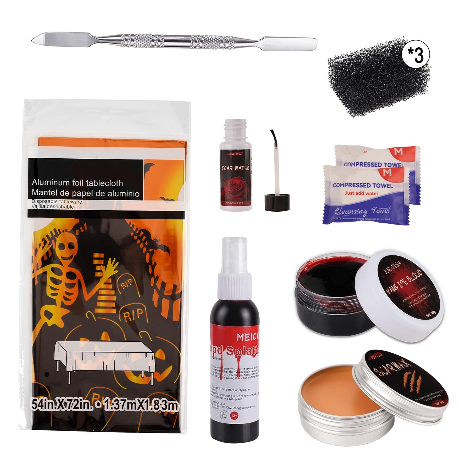 Halloween SFX Makeup Kit Scary Face Special Effects Makeup Kit Fake Blood Spray, Skin Wax, Spatula, Black Stipple Sponge, Coagulated Blood Gel, Castor Sealer 2Pcs Compressed Towels, Tablecloths