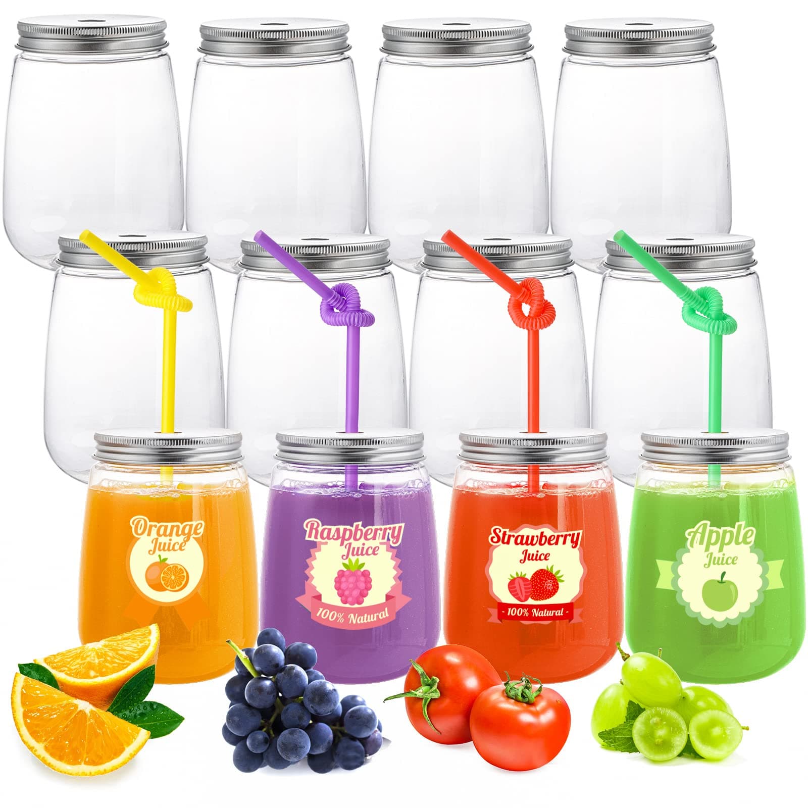 Elsjoy 12 Pack 17 Oz Plastic Juice Bottles with Lid and Straws, Reusable Smoothie Cups Wide Juicing Bottles, Clear Bulk Beverage Containers for Iced Coffee, Milk, Tea, Aluminum Caps