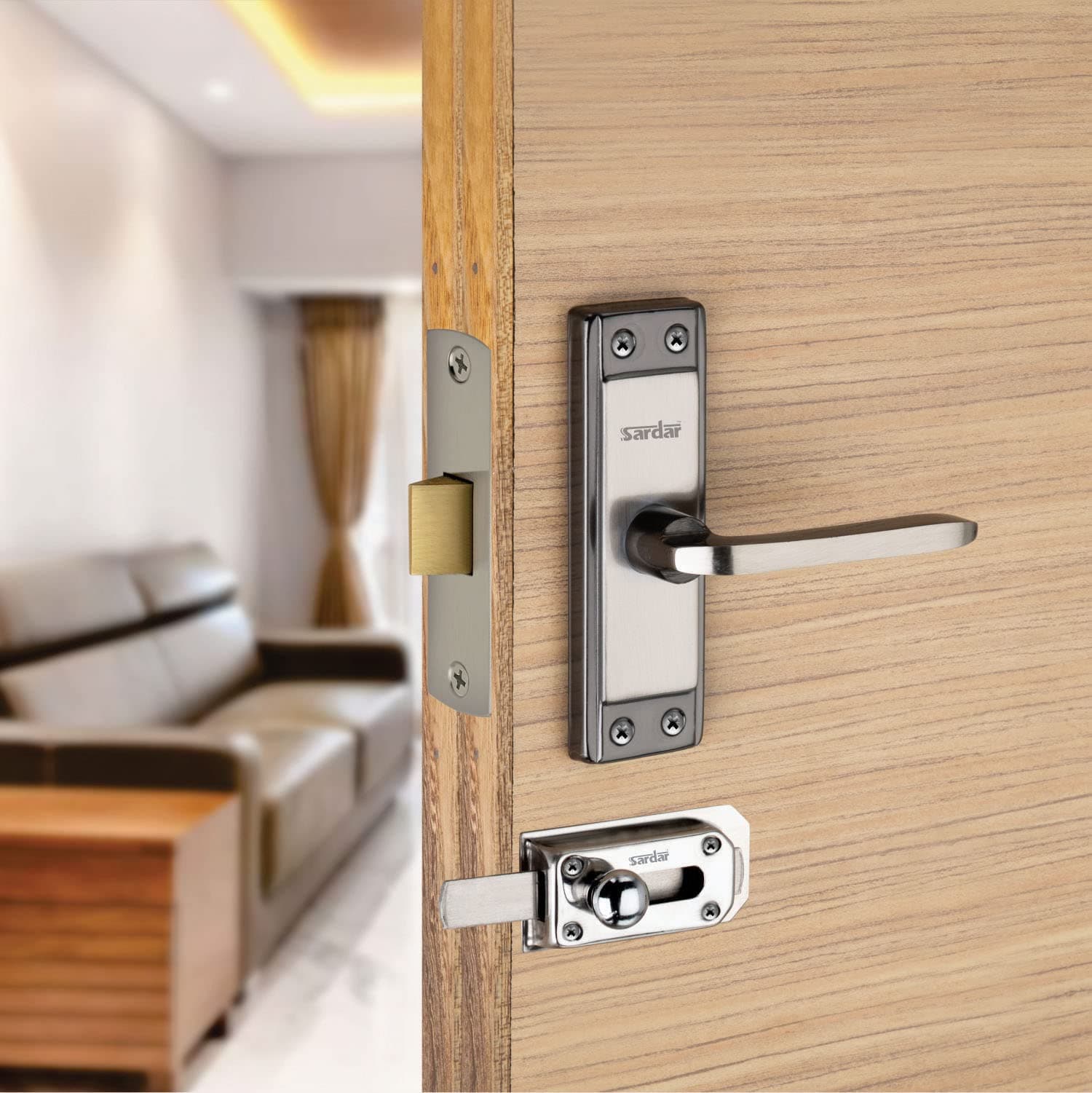 Sardar Russo 5" Black Silver Iron Bathroom Door Handle Set With Keyless Baby Latch-Tower Bolt/Push To Close Latch - Pull Handle