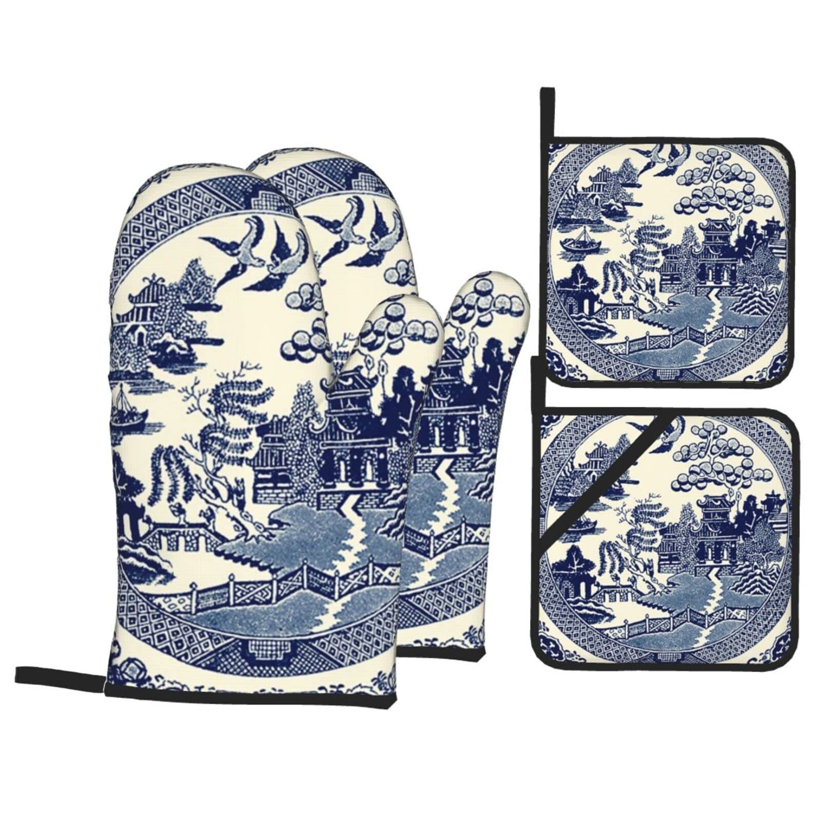 China Blue Willow 4 Pcs Set Oven Mitts and Pot Holders Heat Resistant Oven Gloves and Hot Pads for Baking Cooking