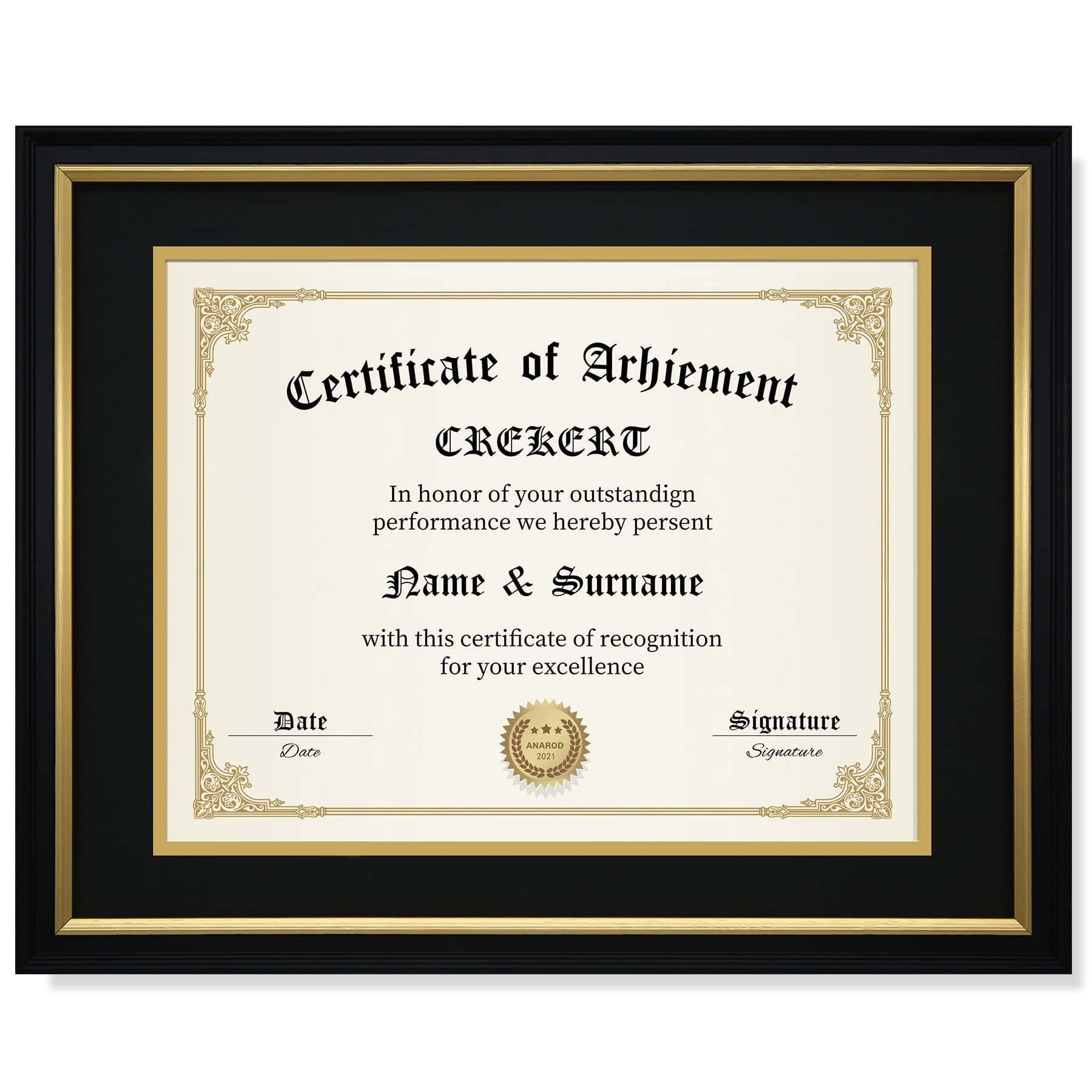 CREKERT Diploma Frame 11x14 Degree Frame Solid Wood Shatter-Resistant Glass for Documents Certificate Blackgold Frame 8.5x11 with Mat (Black Mat, 1 Pack)