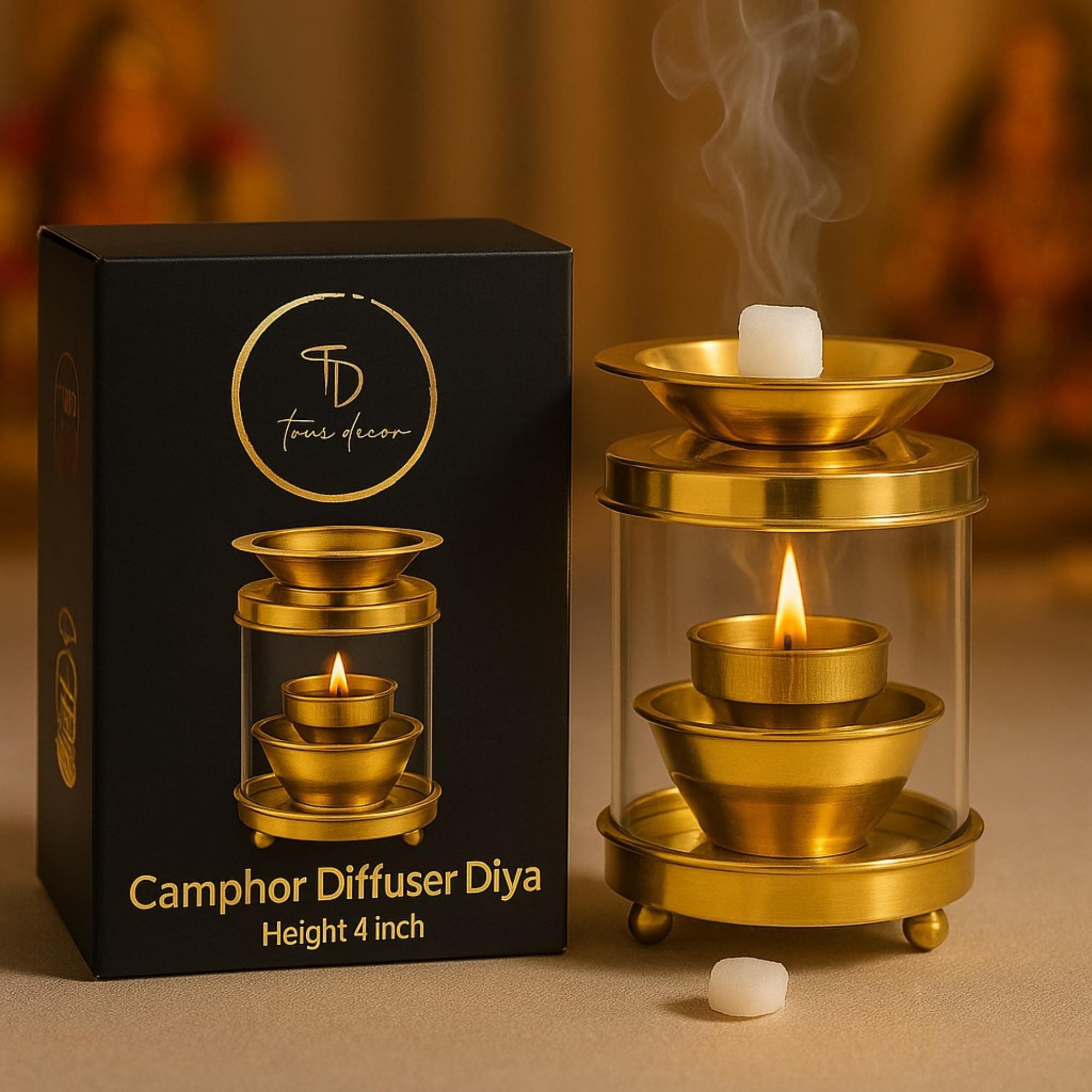 True Decor 4 Inches Camphor Diffuser/Aroma Incence Burner/Kapoor Dani Brass Akhand Diya for Puja with Borosilicate Glass Cover || Multipurpose Essential Oil Camphor Burner (Pack of 1)