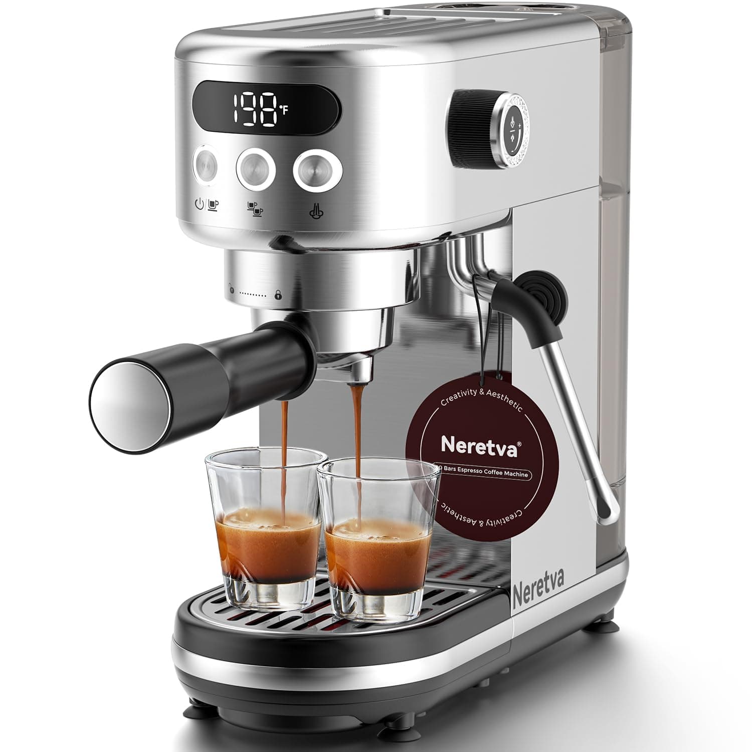 Espresso Machine 20 Bar, Super Compact Espresso Maker Stainless Steel Professional Coffee Machine Espresso with Power Steam & LED Display for Home Barista Latte and Cappuccino Maker-Silver