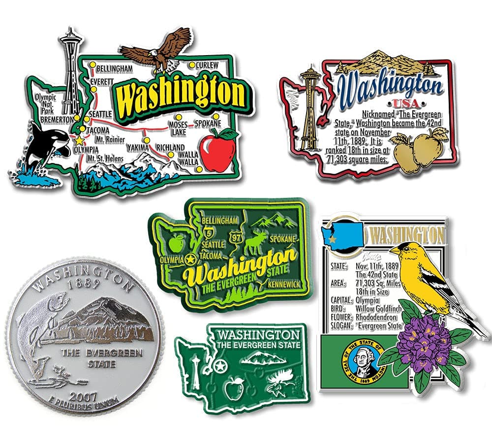 Washington Six-Piece State Magnet Set by Classic Magnets, Includes 6 Unique Designs, Collectible 3D Rubber Vintage-Style Souvenirs and Gifts Made in The USA